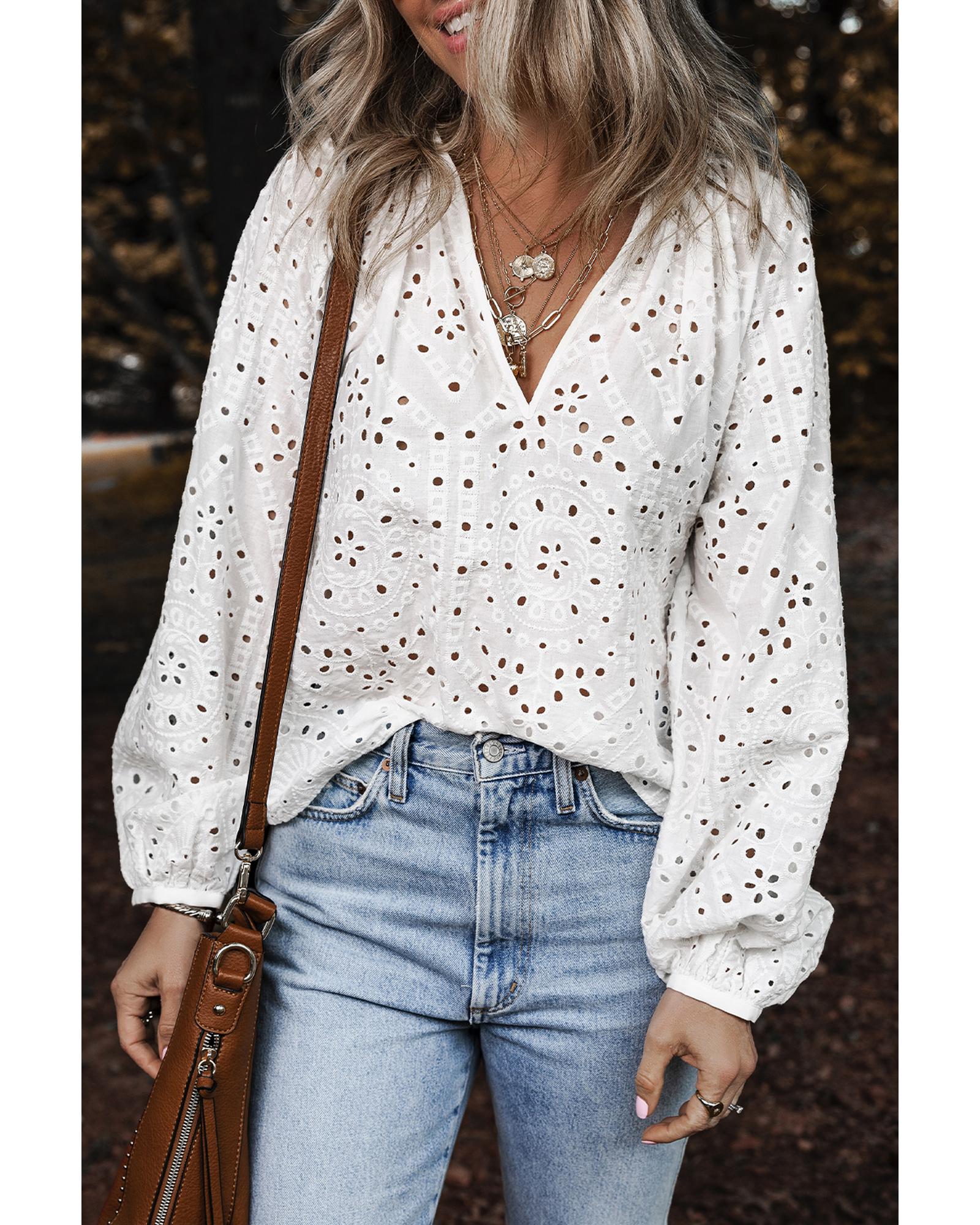 V539-AZEXDC25129549-P1-L-202508271900-00 White Eyelet Embroidered Puff Sleeve V Neck Blouse - L - Image 1