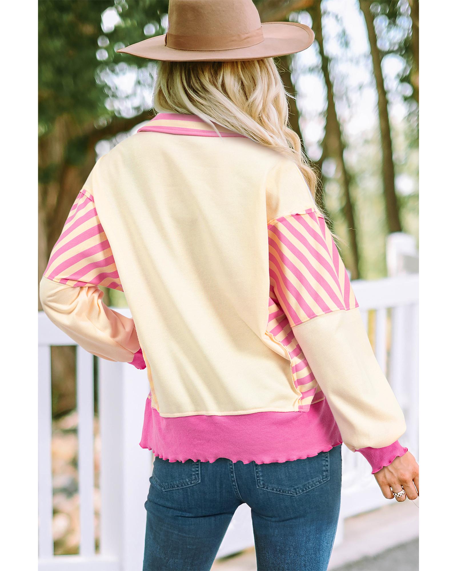 V539-AZEXDC25129561-P1019-L-202508271350-00 Pink Stripe Colorblock Patchwork Collared French Terry Knit Top - L - Image 1