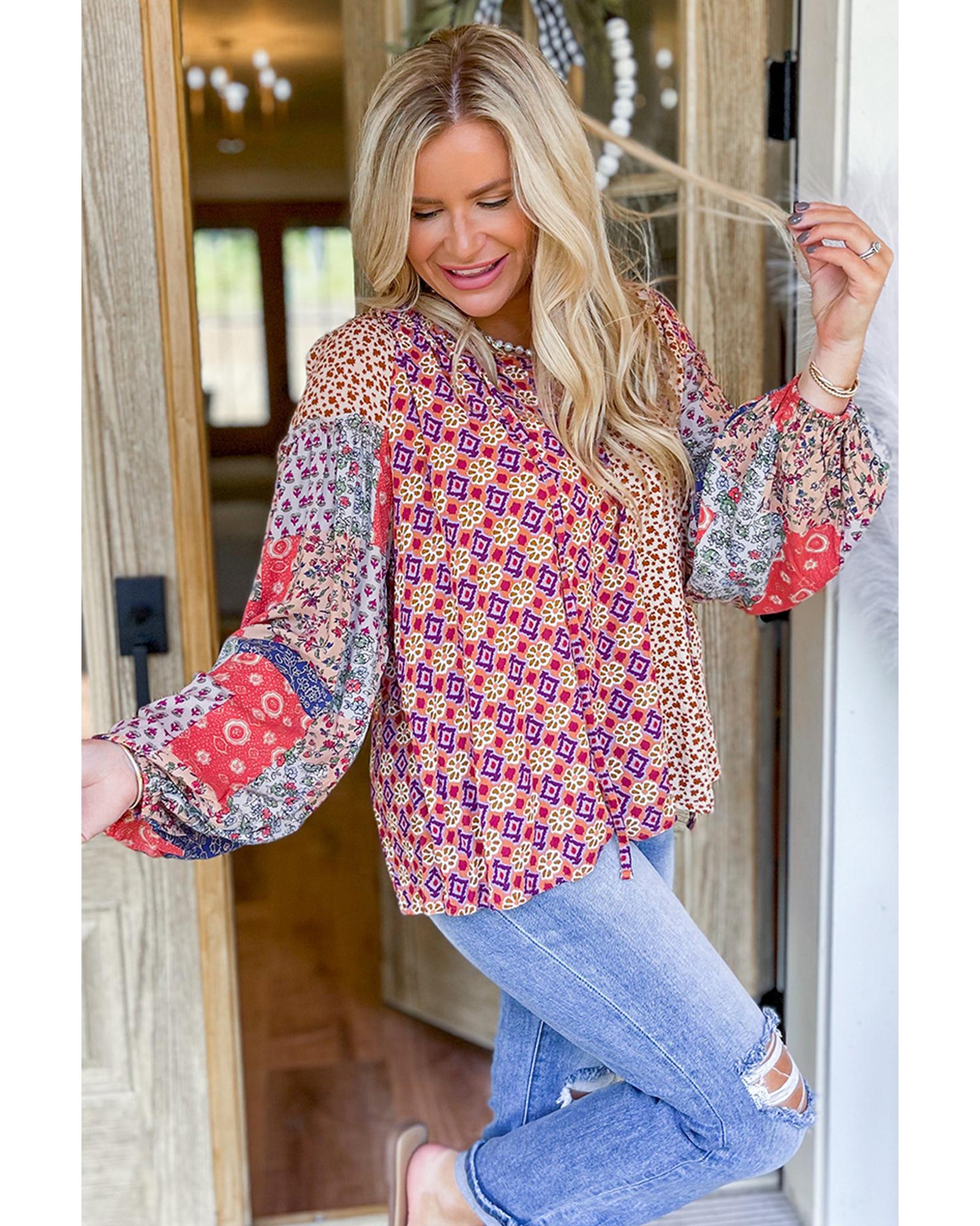 V539-AZEXDC25129660-P1420-S-202506120231-00 Orange Mixed Floral Printed Long Sleeve Tied V Neck Blouse - S - Image 1