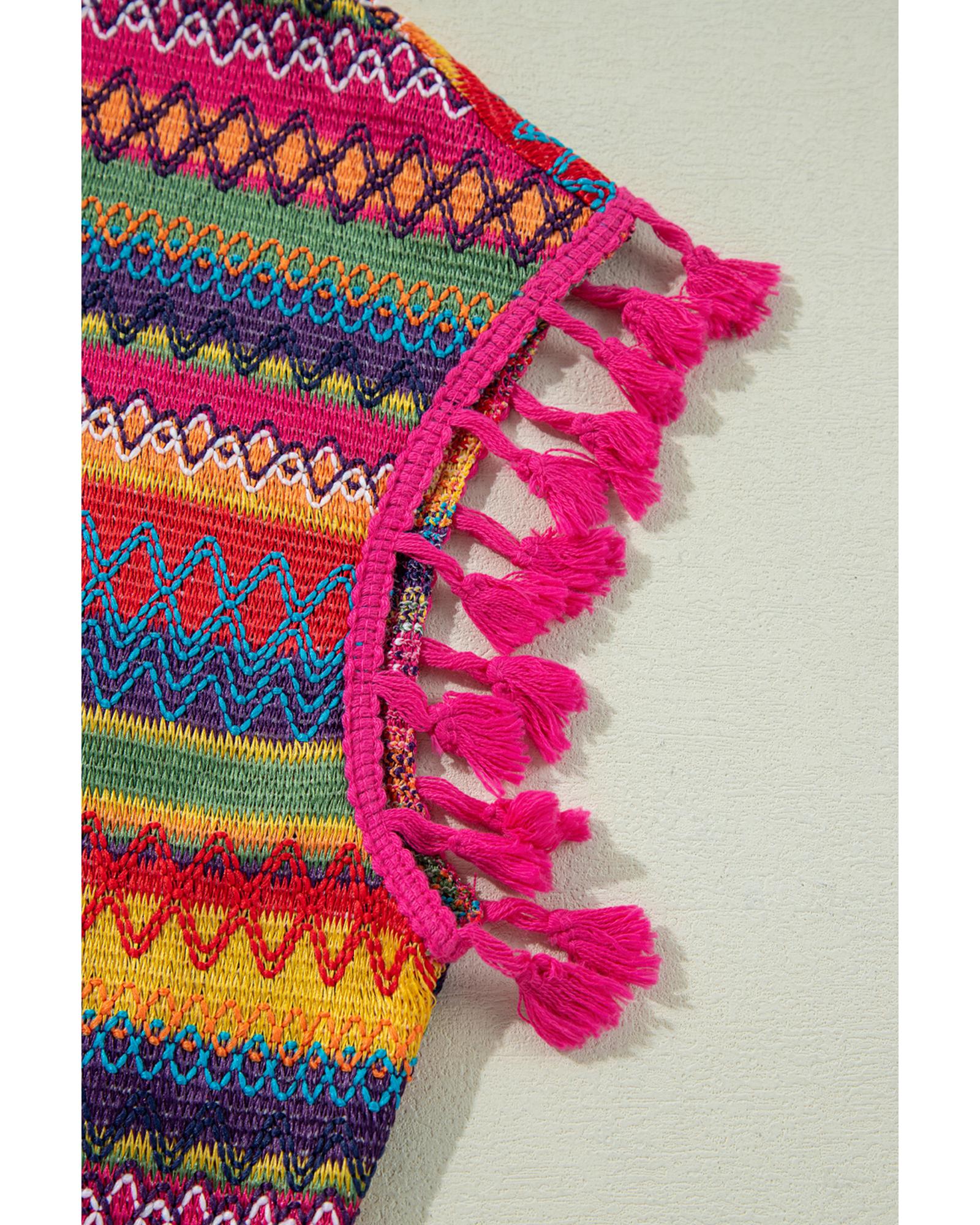 V539-AZEXDC25129672-P622-XL-202508270550-00 Rose Red Jacquard Textured Tasseled Cap Sleeve Top - XL - Image 1