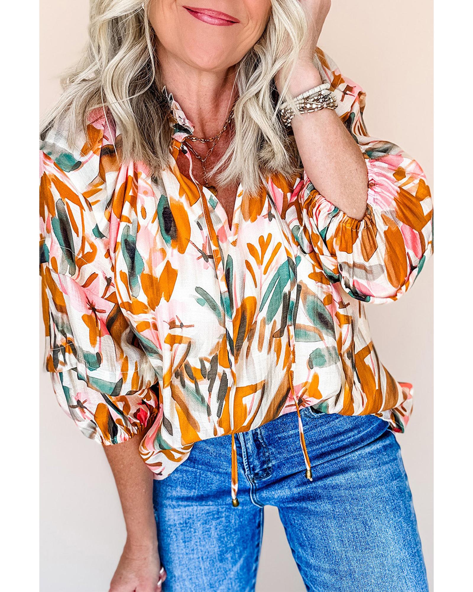 V539-AZEXDC25129695-P720-XL-202508270325-00 Yellow Abstract Print Drawstring Frilled V Neck 3/4 Sleeve Blouse - XL - Image 1