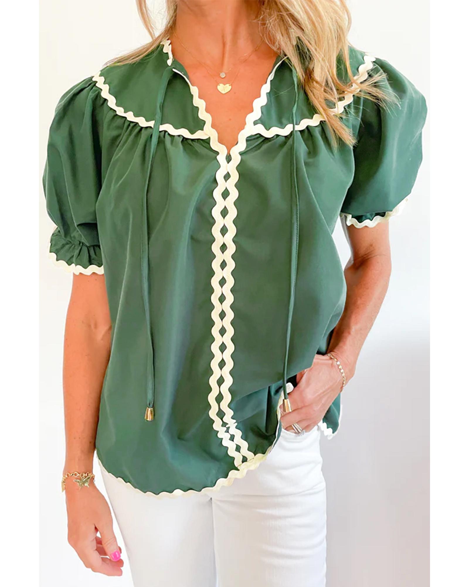 V539-AZEXDC25129711-P509-XL-202508272015-00 Mist Green Ric Rac Trim Tie Split Neck Short Sleeve Blouse - XL - Image 1