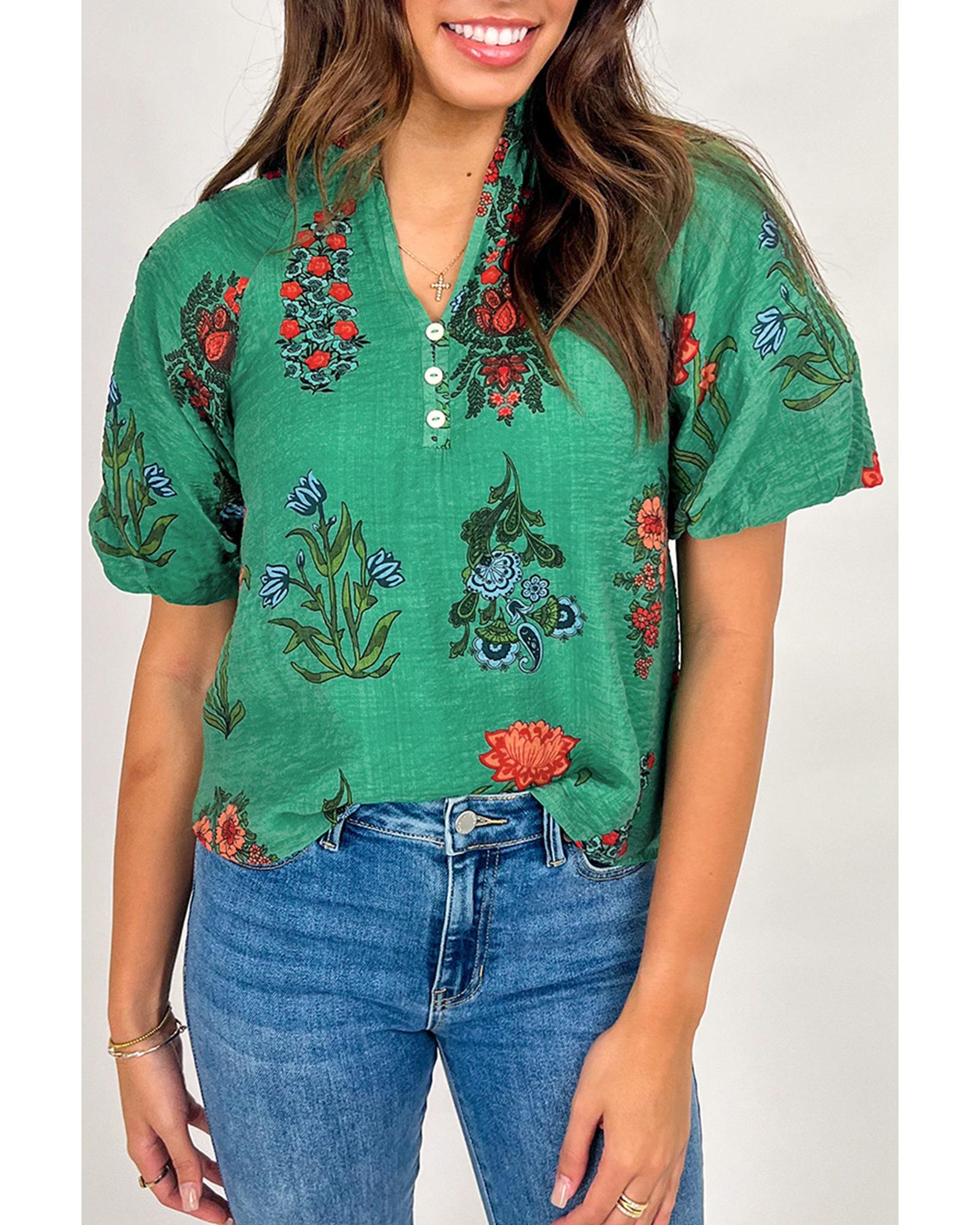V539-AZEXDC25129731-P109-XL-202508270730-00 Bright Green Floral Print Buttoned V Neck Short Sleeve Blouse - XL - Image 1