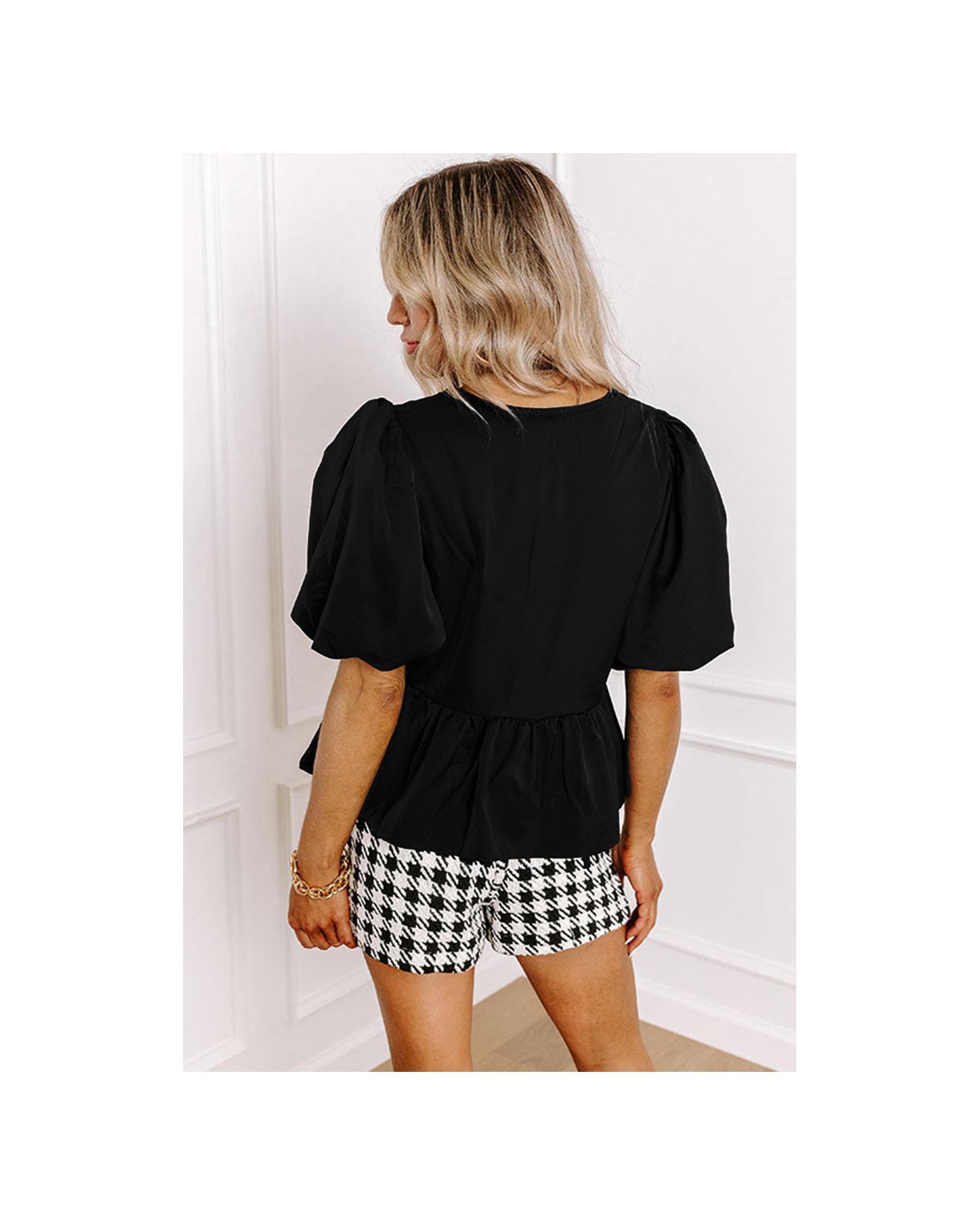 V539-AZEXDC25129788-P2-L-202508272155-00 Black Puff Sleeve Bowknot Front Peplum Blouse - L - Image 1