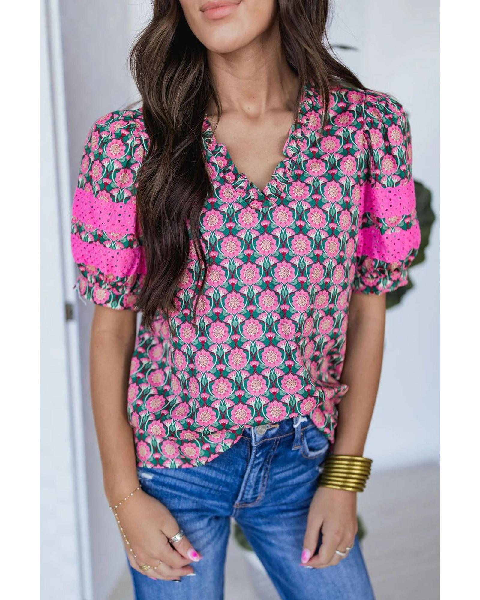 V539-AZEXDC25129801-P406-XL-202508272225-00 Sachet Pink V-Neck Ruffle Abstract Floral Print Puff Sleeve Top - XL - Image 1