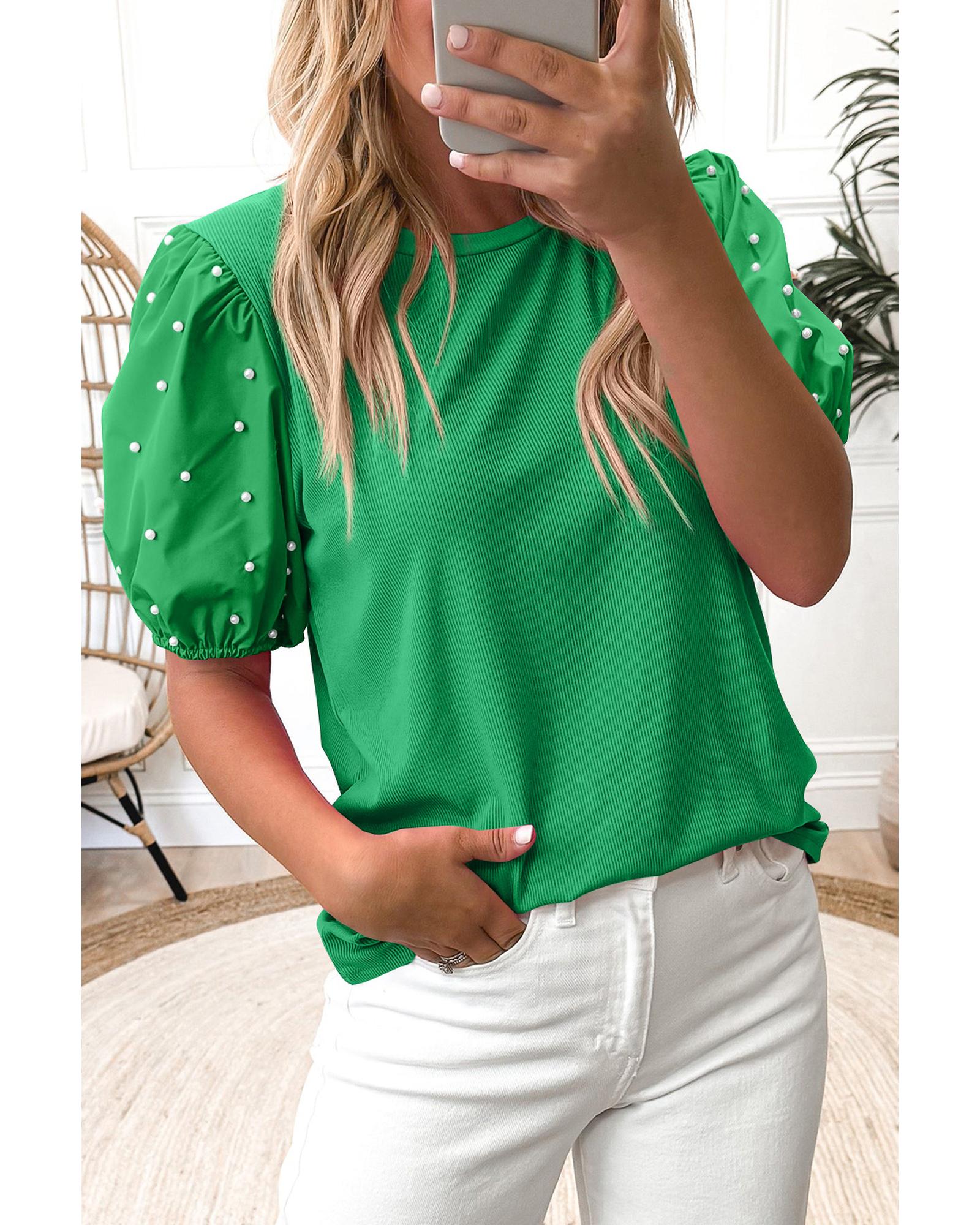 V539-AZEXDC25129817-P109-XL-202508270615-00 Bright Green Ribbed Pearl Beaded Puff Sleeve Top - XL - Image 1