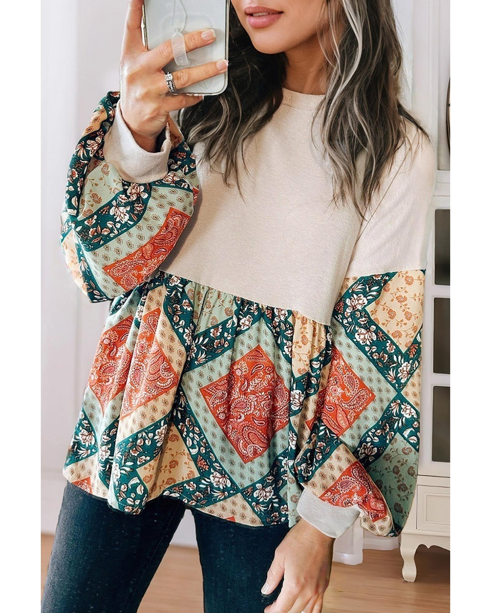 V539-AZEXDC25129837-P2015-S-202506120511-00 Jet Stream Paisley Geometric Patchwork Crew Neck Loose Fit Top - S - Image 1