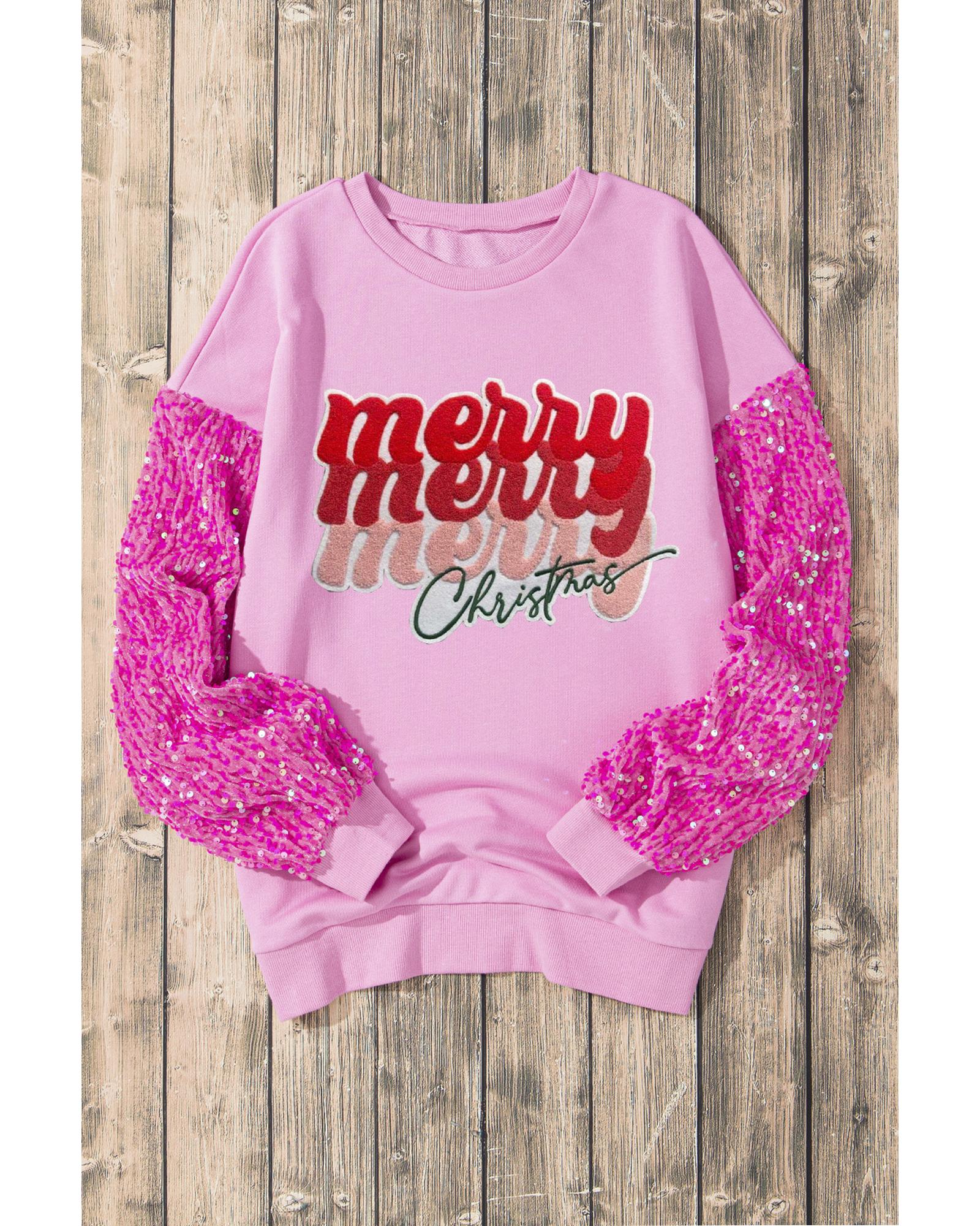 V539-AZEXDC25129856-P10-L-202508272010-00 Pink Merry Christmas Graphic Sequin Sleeve Patchwork Top - L - Image 1