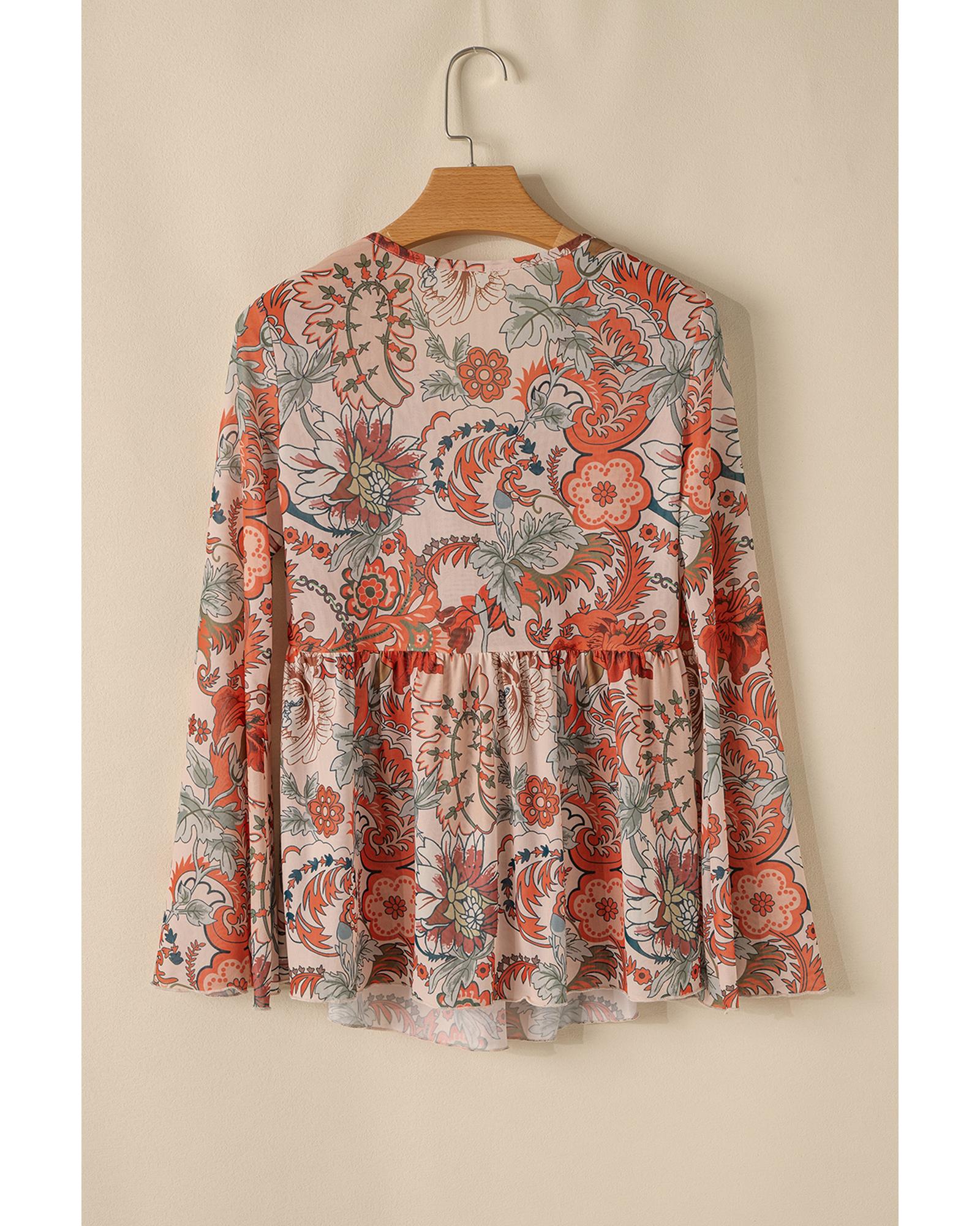 V539-AZEXDC25129890-P1420-L-202506120622-00 Orange Floral Print Deep V Neck Knot Bell Sleeve Blouse - L - Image 1