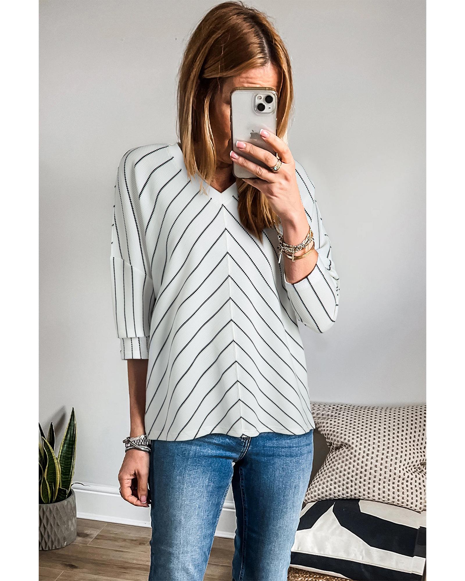 V539-AZEXDC25129899-P219-L-202508270315-00 Black Stripe Chevron Striped V Neck Long Sleeve Casual Top - L - Image 1