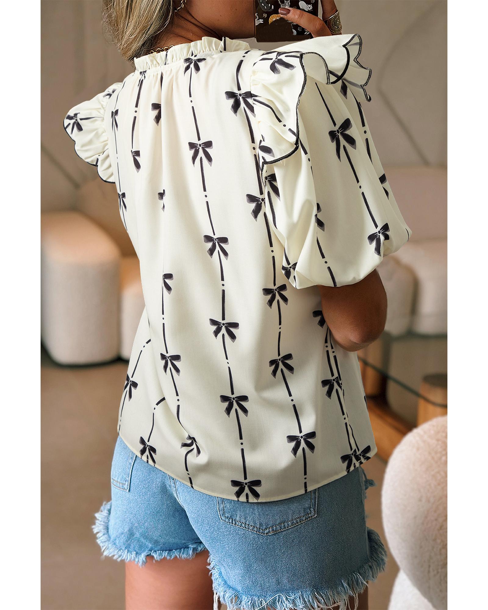 V539-AZEXDC25129923-P1520-S-202506120641-00 Beige Bow Printed Ruffled Bubble Sleeve Tied Notched V Neck Blouse - S - Image 1