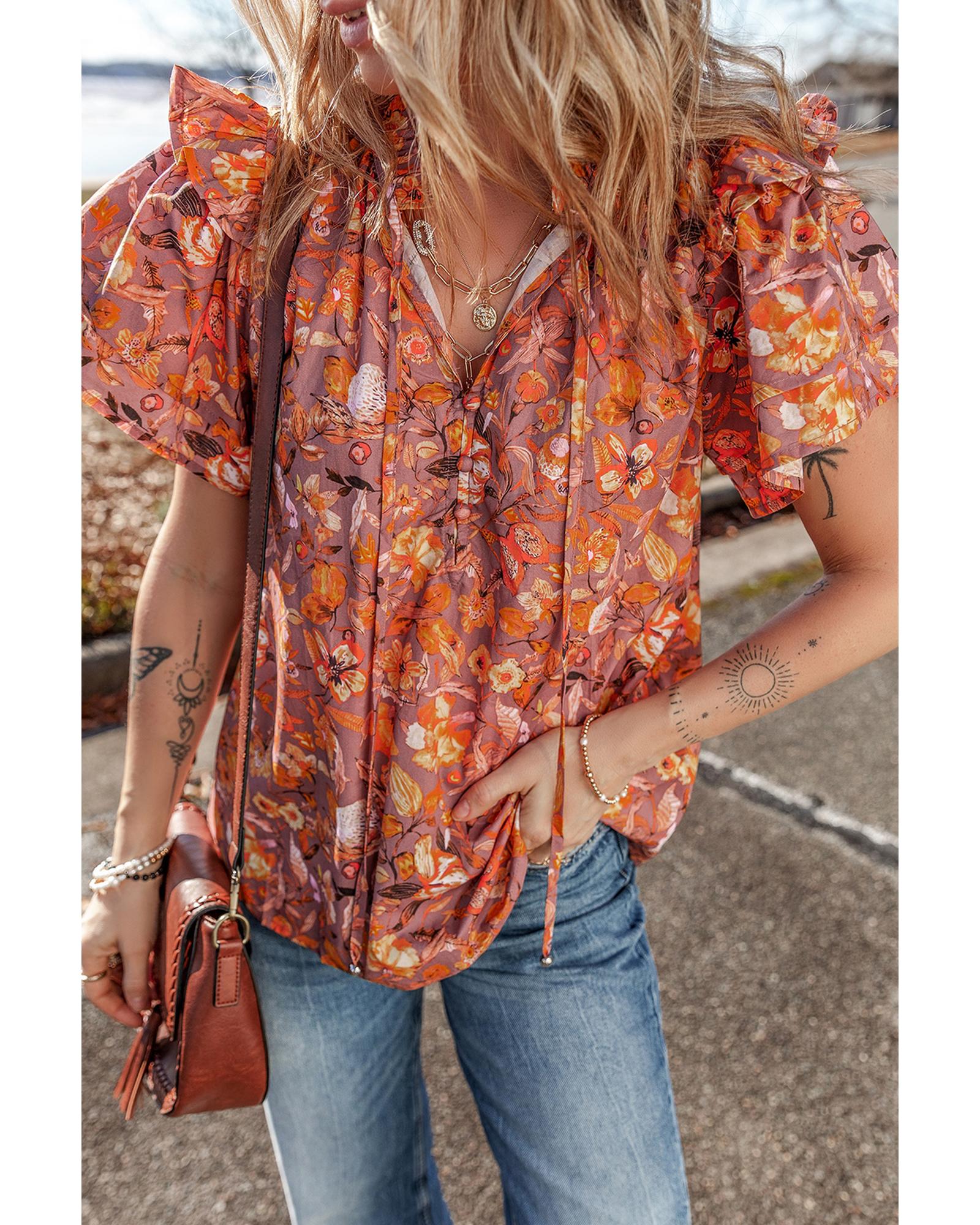 V539-AZEXDC25129961-P1420-M-202508271820-00 Orange Floral Print Ruffled Flutter Sleeve Frilled V Neck Blouse - M - Image 1