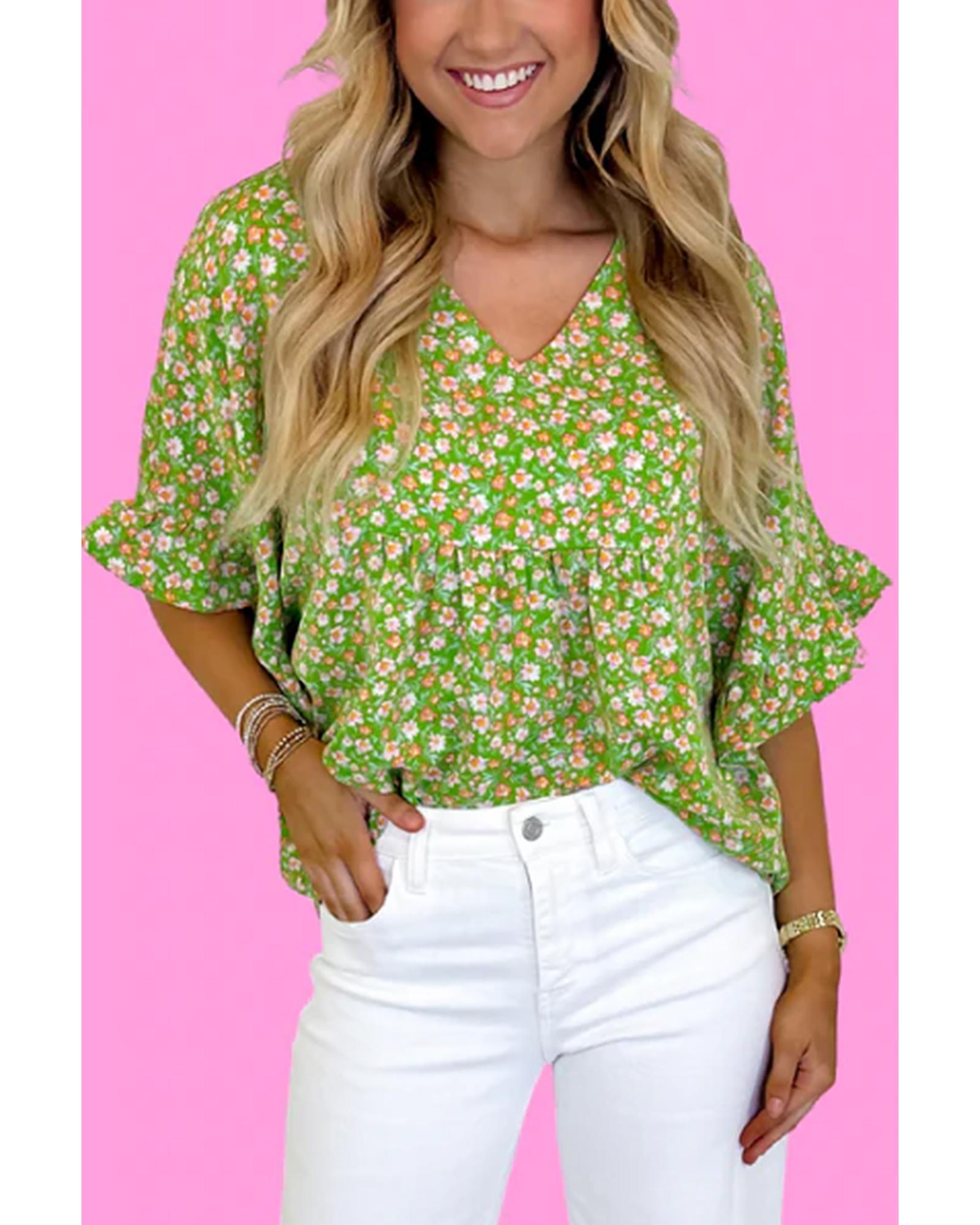 V539-AZEXDC25130011-P9-L-202508271440-00 Green Floral Print Ruffle Sleeve V Neck Blouse Top - L - Image 1