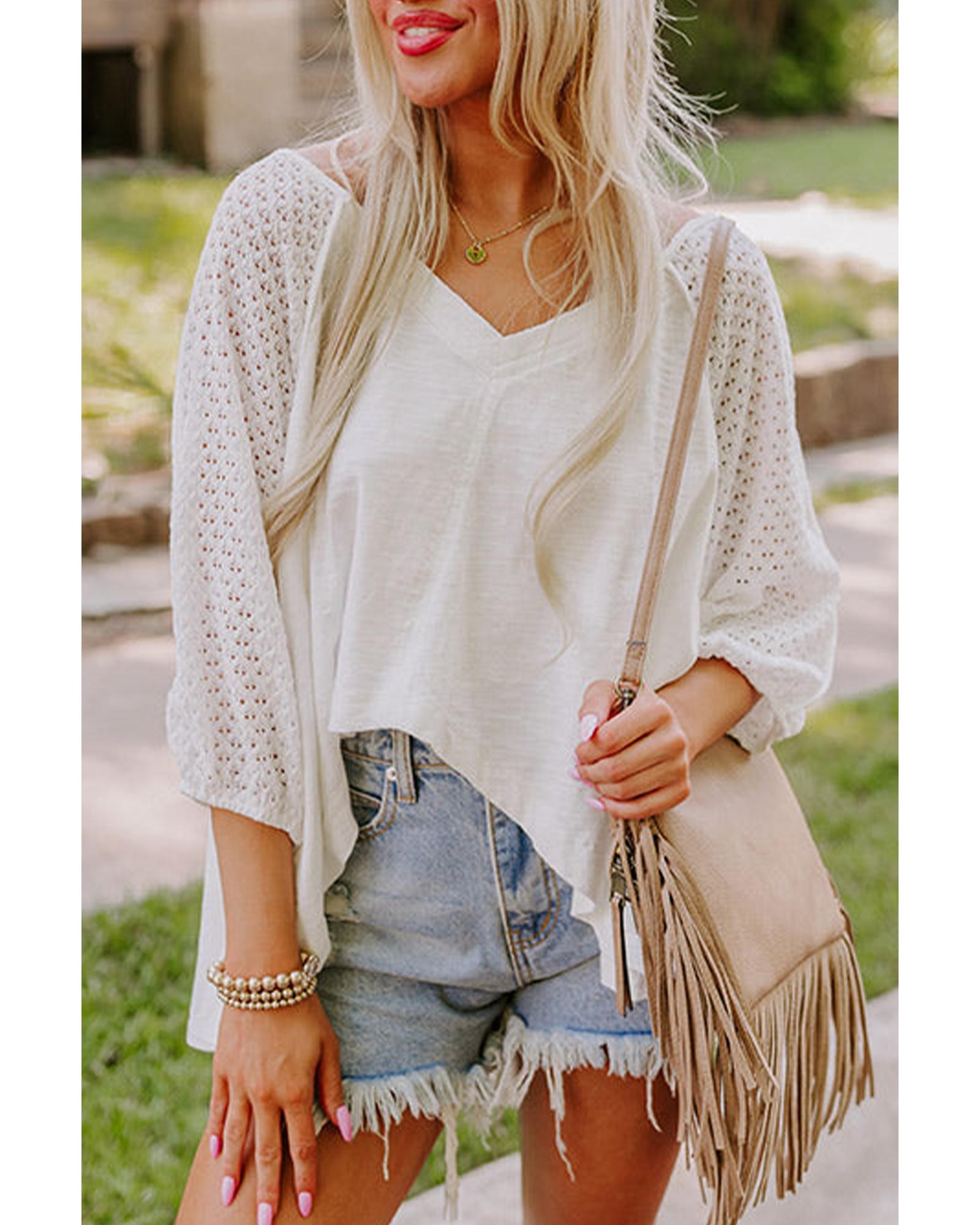 V539-AZEXDC25130191-P101-XL-202508272310-00 White Eyelet Patchwork High Low Hem V Neck Oversized Top - XL - Image 1