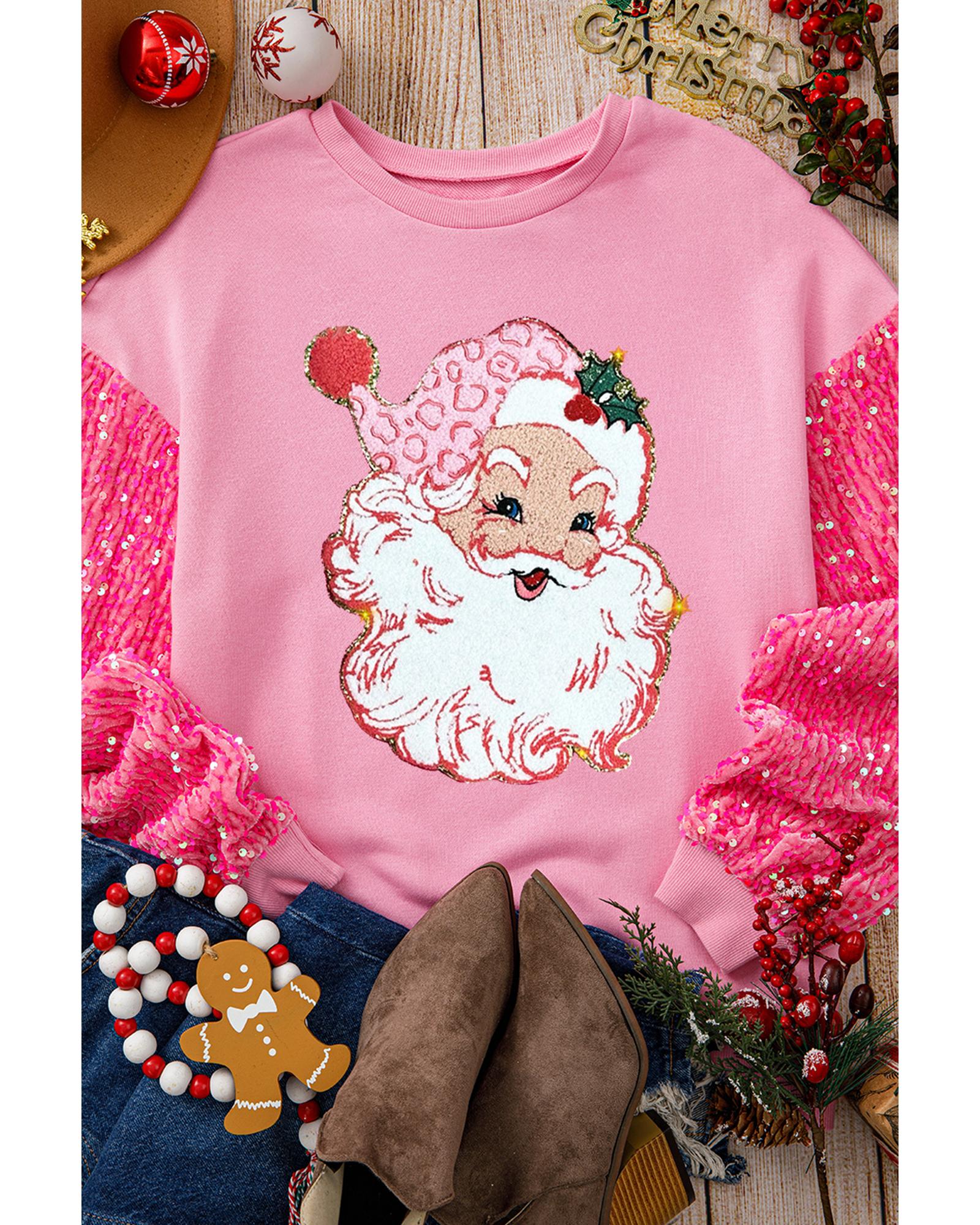 V539-AZEXDC25130202-P10-L-202508270710-00 Pink Shiny Father Christmas Graphic Sequin Long Sleeve Top - L - Image 1