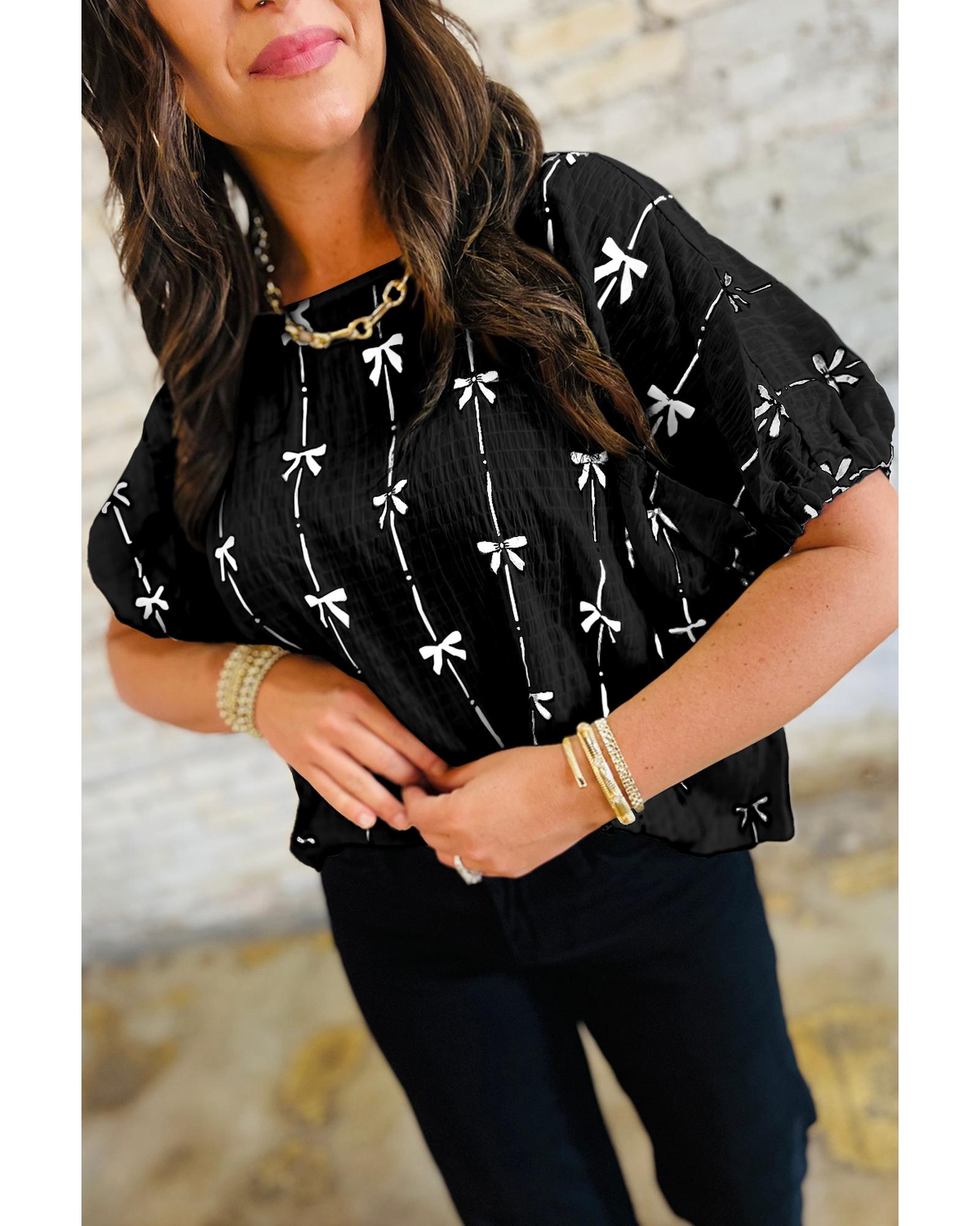 V539-AZEXDC25130205-P220-M-202508271410-00 Black Bow Print Puff Short Sleeve Top - M - Image 1