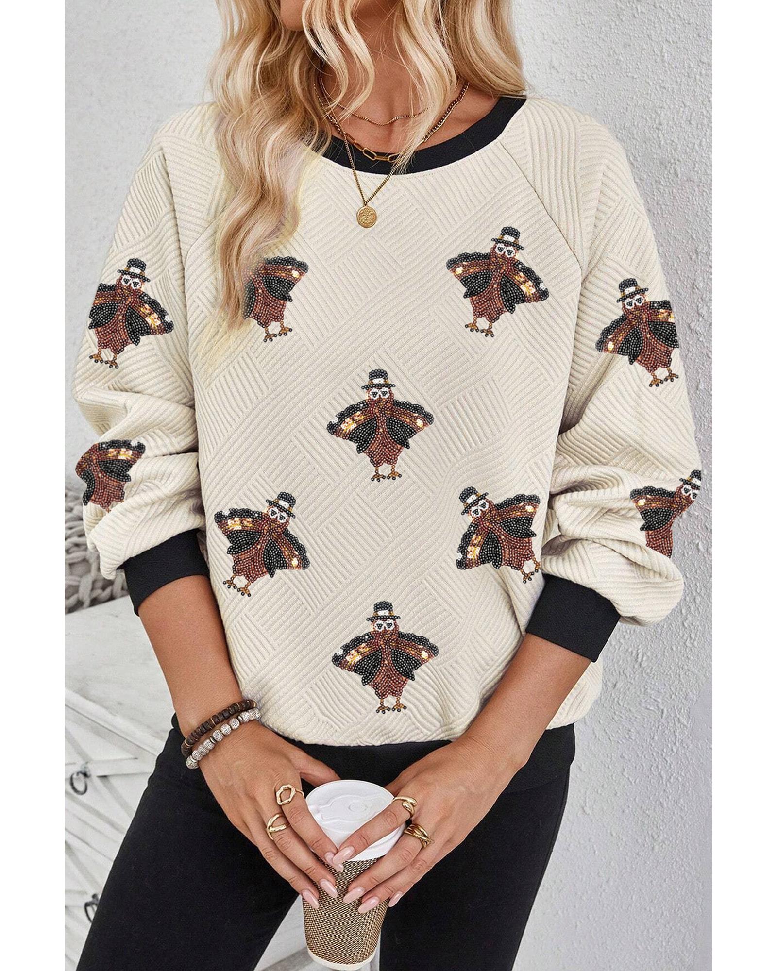 V539-AZEXDC25130208-P2015-XL-202508270200-00 Jet Stream Textured Colorblock Edge Sequin Turkey Graphic Long Sleeve Top - XL - Image 1