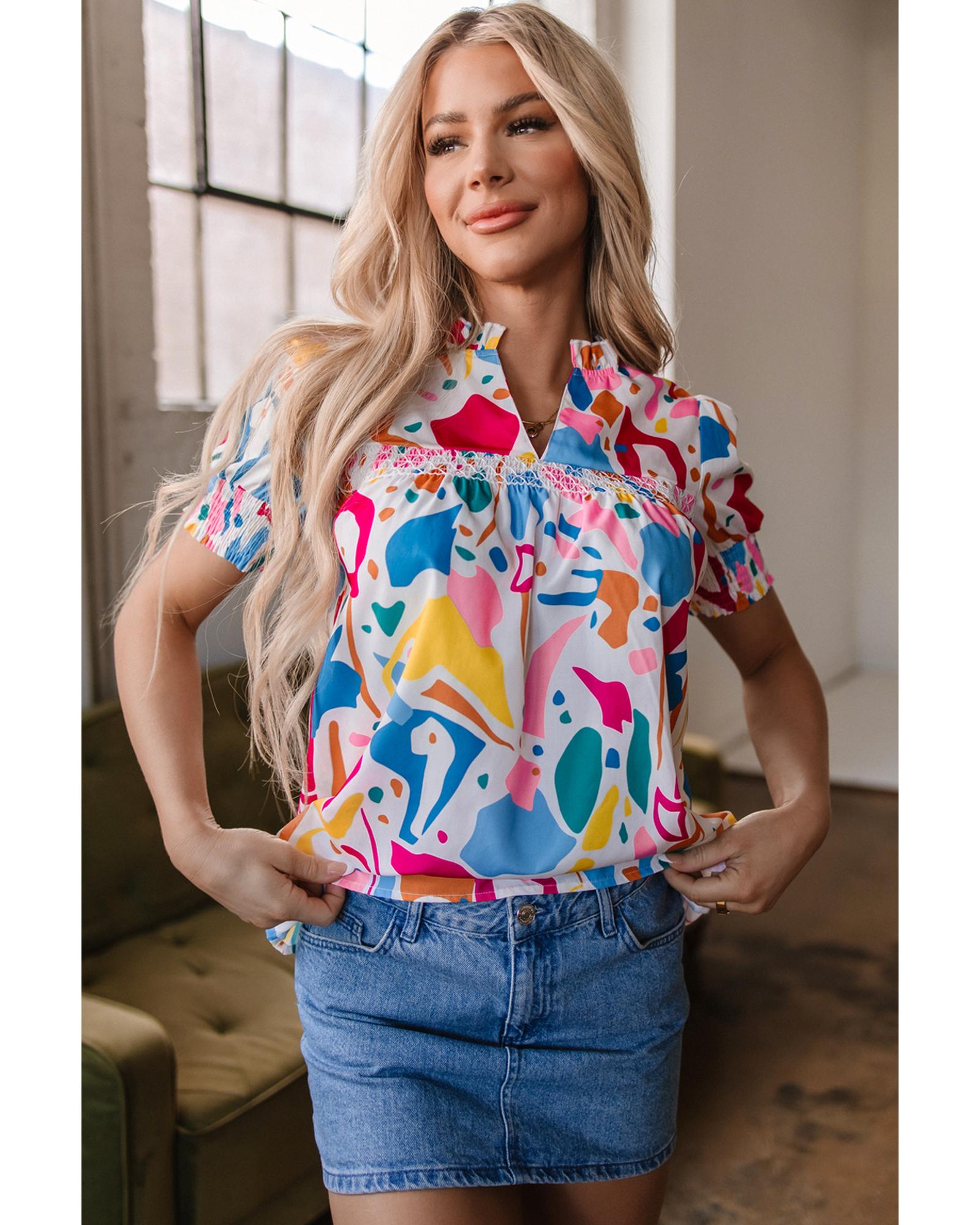 V539-AZEXDC25130233-P22-XL-202508272200-00 Multicolour Abstract Print Lace Detail Shirred Short Sleeve Split Neck Blouse - XL - Image 1