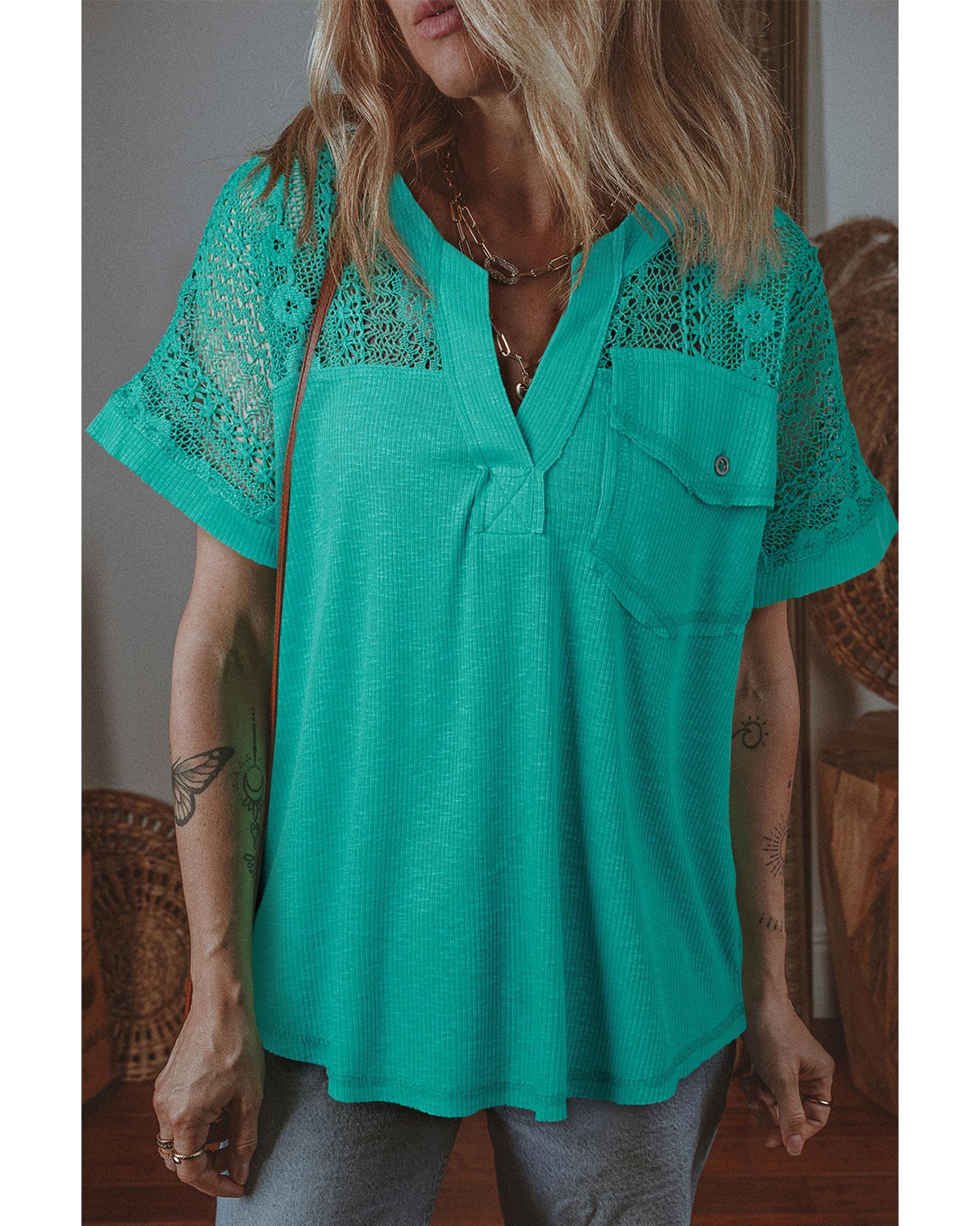 V539-AZEXDC25130262-P409-M-202508271005-00 Sea Green Lace Patchwork Split Neck Textured Short Sleeve Blouse - M - Image 1