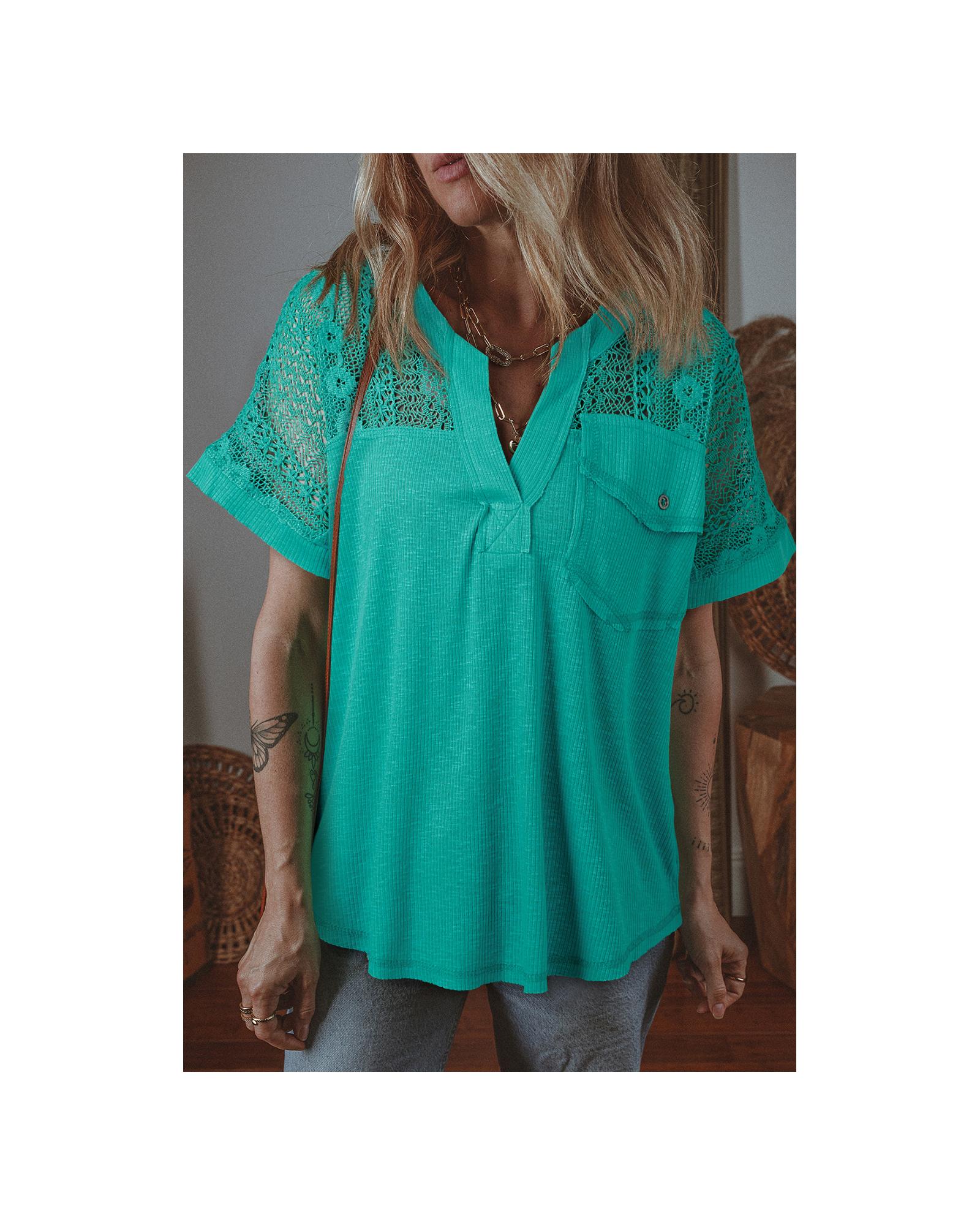 V539-AZEXDC25130262-P409-XL-202508271310-00 Sea Green Lace Patchwork Split Neck Textured Short Sleeve Blouse - XL - Image 1