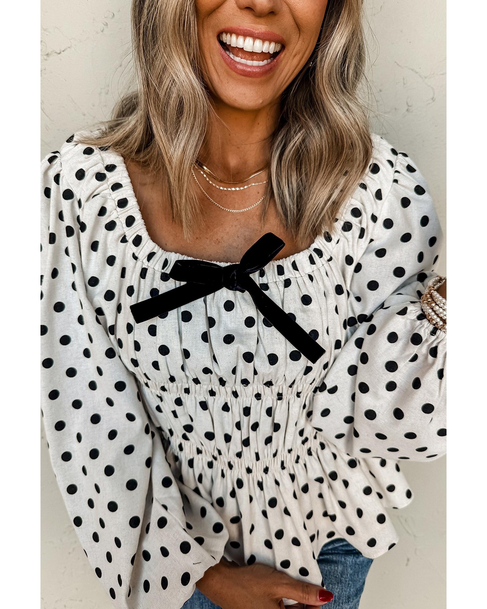 V539-AZEXDC25130285-P220-S-202506121137-00 Black Polka Dot Puff Sleeve Bow Square Neck Peplum Top - S - Image 1