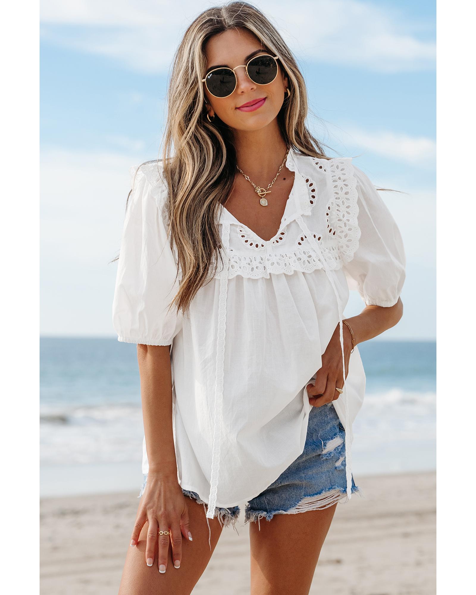 V539-AZEXDC25130292-P1-XL-202508270315-00 White Embroidered Lace Patchwork Tie Neck Puff Short Sleeve Blouse - XL - Image 1