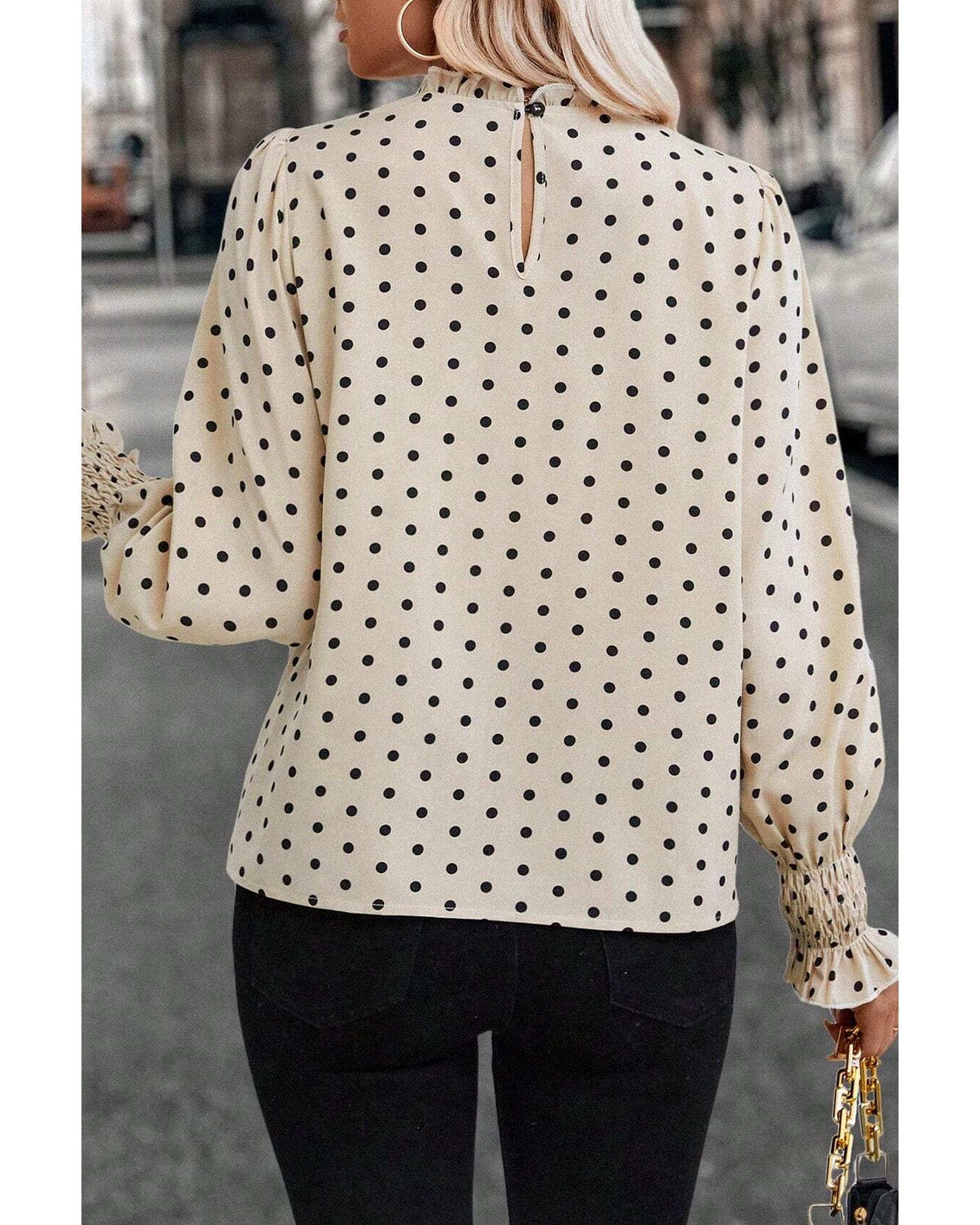 V539-AZEXDC25130296-P1820-L-202508270805-00 Apricot Polka Dot Print Frilled Collar Lantern Sleeve Blouse - L - Image 1