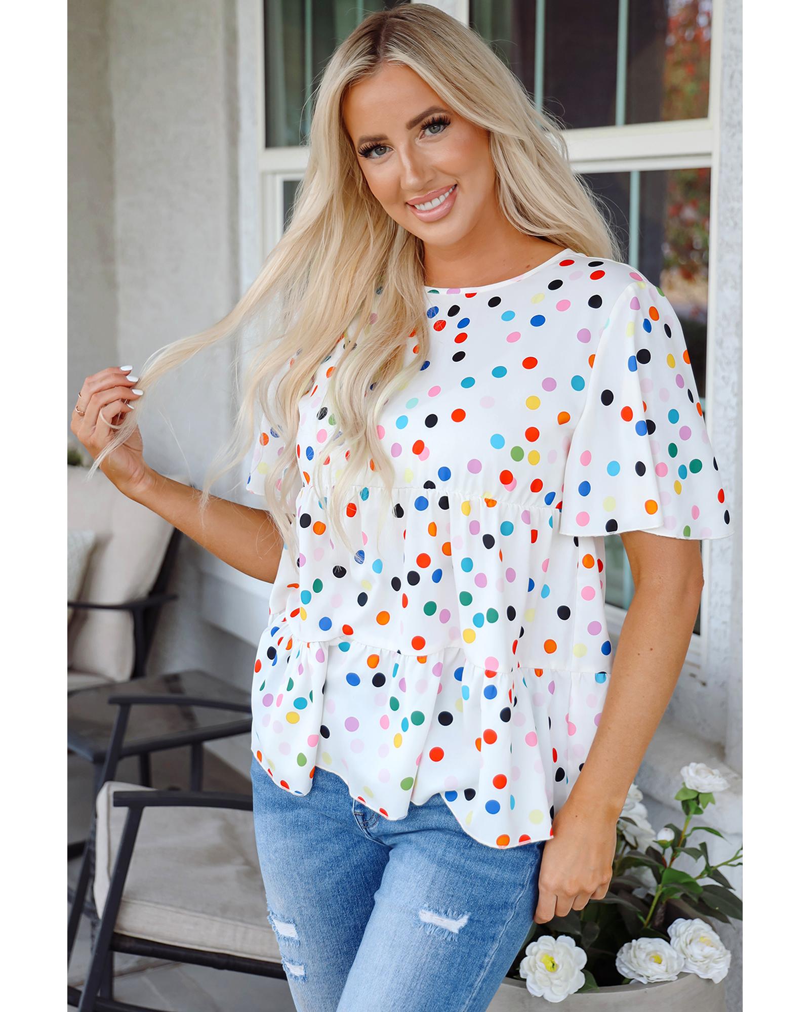 V539-AZEXDC25130320-P120-S-202506121226-00 White Colorful Polka Dot Short Sleeve Tiered Ruffled Babydoll Blouse - S - Image 1