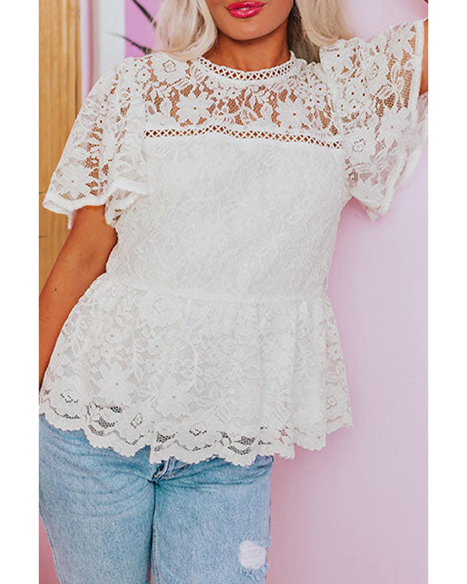 V539-AZEXDC25130342-P1-L-202508270720-00 White Short Sleeve Scalloped Floral Lace Peplum Blouse - L - Image 1