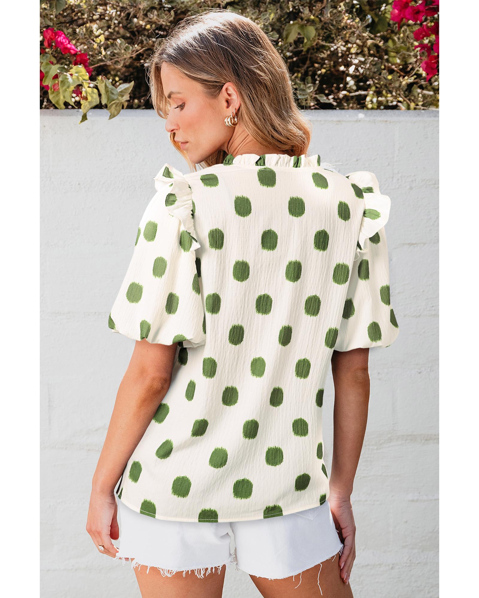 V539-AZEXDC25130347-P1820-XL-202508271225-00 Apricot Polka Dot Print Shirred Yoke Notched Neck Balloon Sleeve Blouse - XL - Image 1