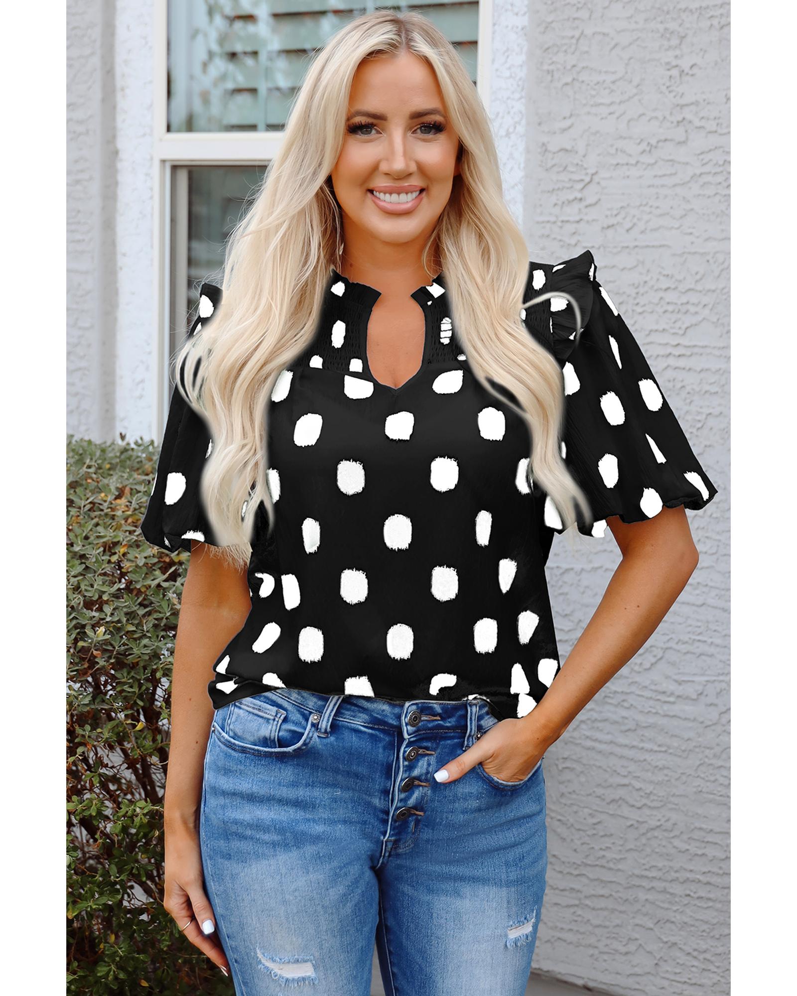 V539-AZEXDC25130347-P220-M-202508271520-00 Black Polka Dot Print Shirred Yoke Notched Neck Balloon Sleeve Blouse - M - Image 1