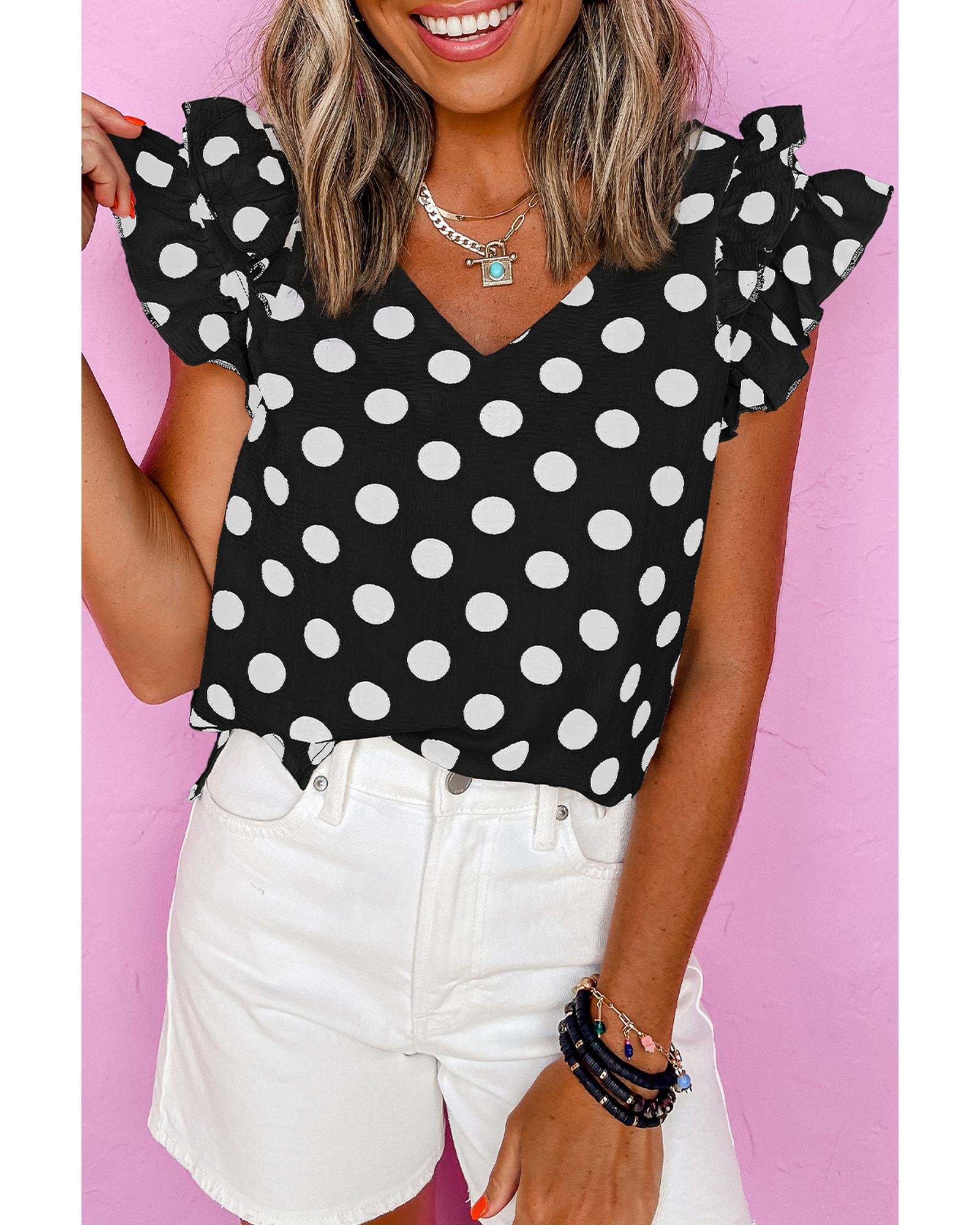 V539-AZEXDC25130401-P220-S-202506121317-00 Black Polka Dot Print Ruffled Sleeve V Neck Blouse - S - Image 1
