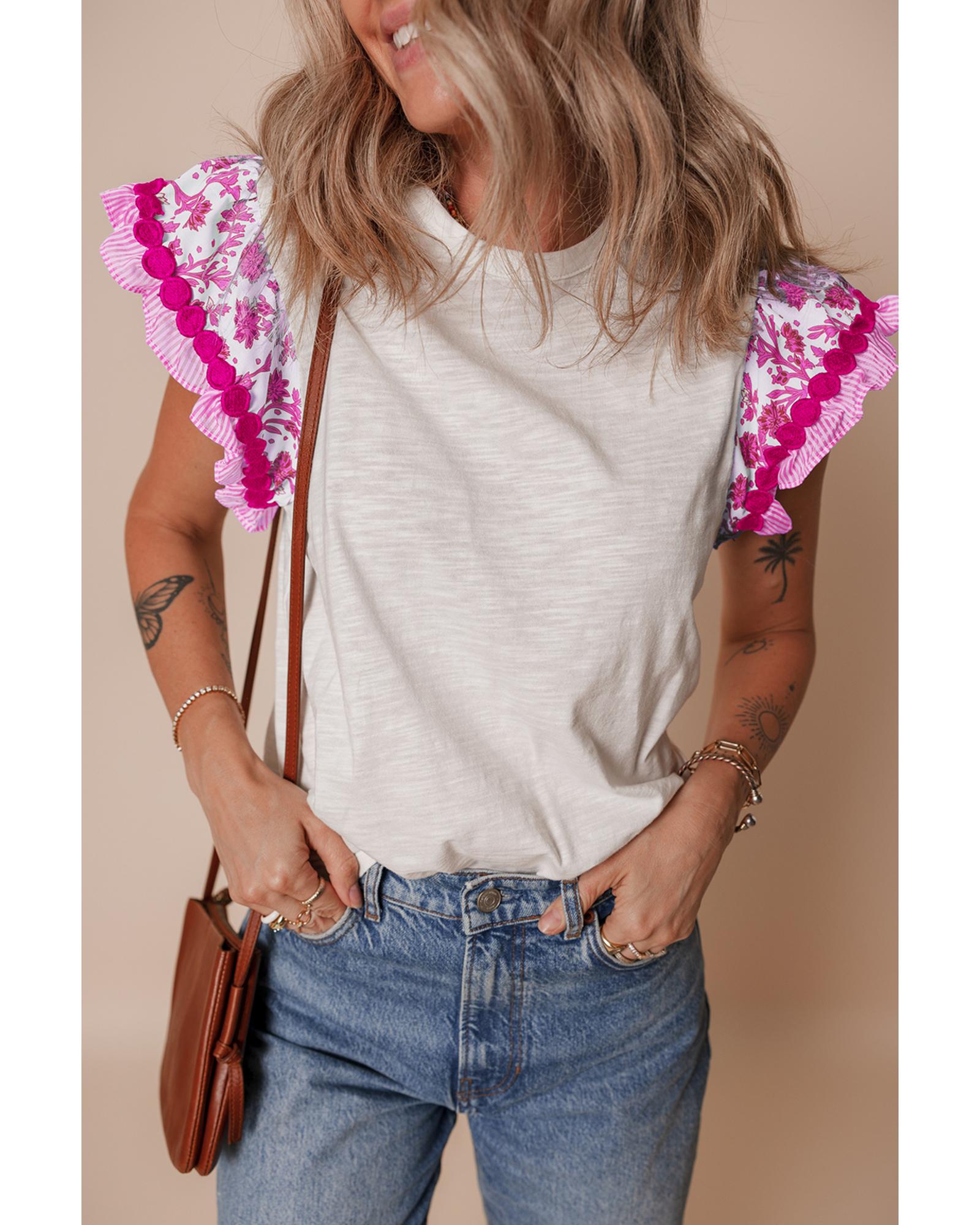 V539-AZEXDC25130430-P620-S-202506121340-00 Rose Ricrac Trim Printed Flutter Sleeve Contrast Patchwork Blouse - S - Image 1