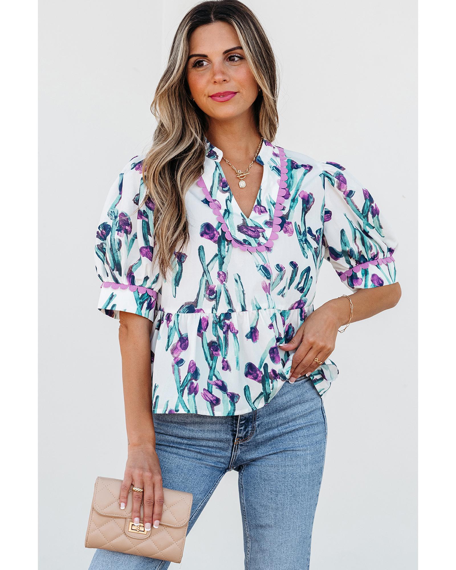 V539-AZEXDC25130443-P820-M-202508272125-00 Purple Floral Ricrac Trim Half Sleeve Peplum Top - M - Image 1