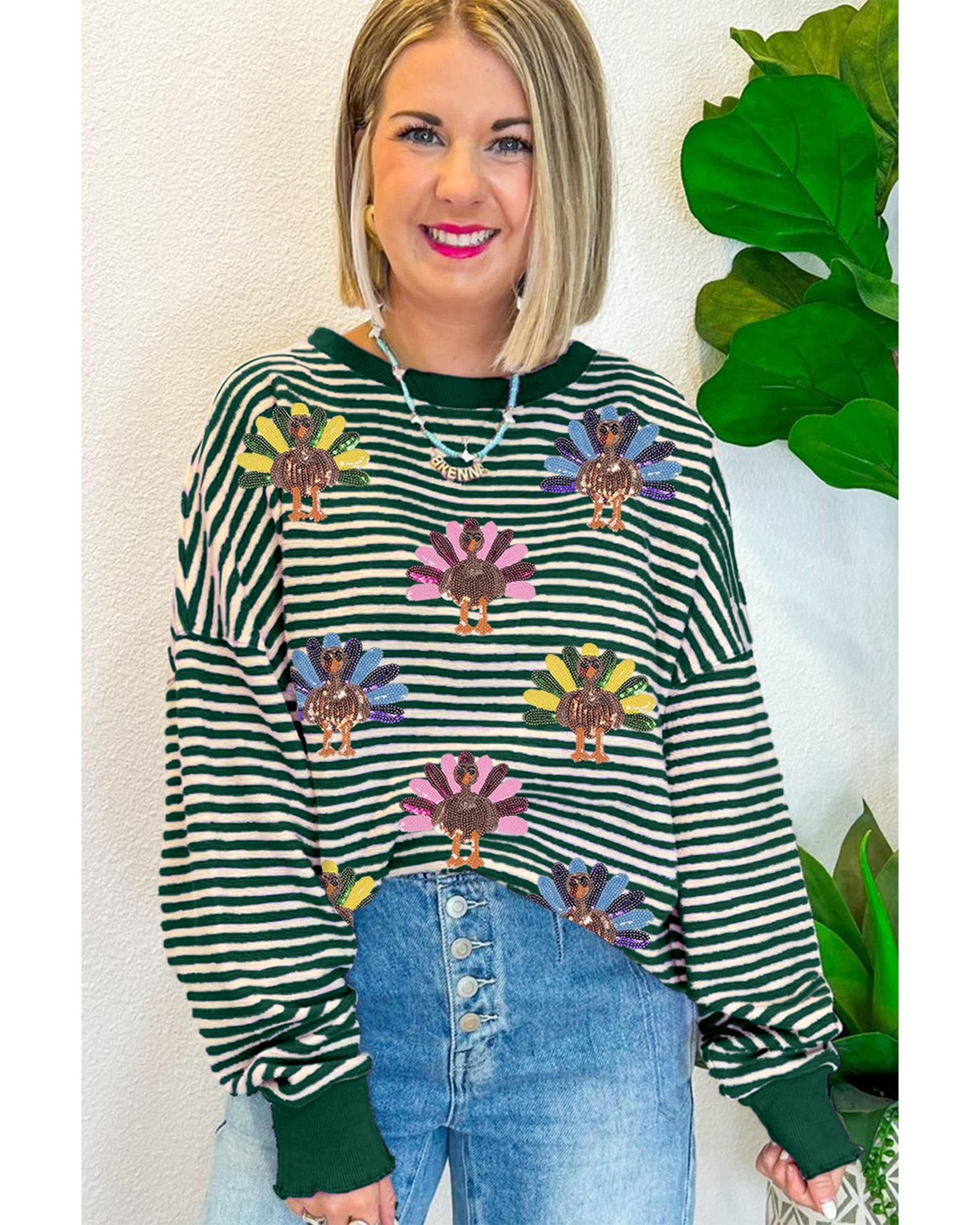 V539-AZEXDC25130449-P919-XL-202506121352-00 Green Stripe Turkey Pattern Drop Shoulder Pullover Top - XL - Image 1