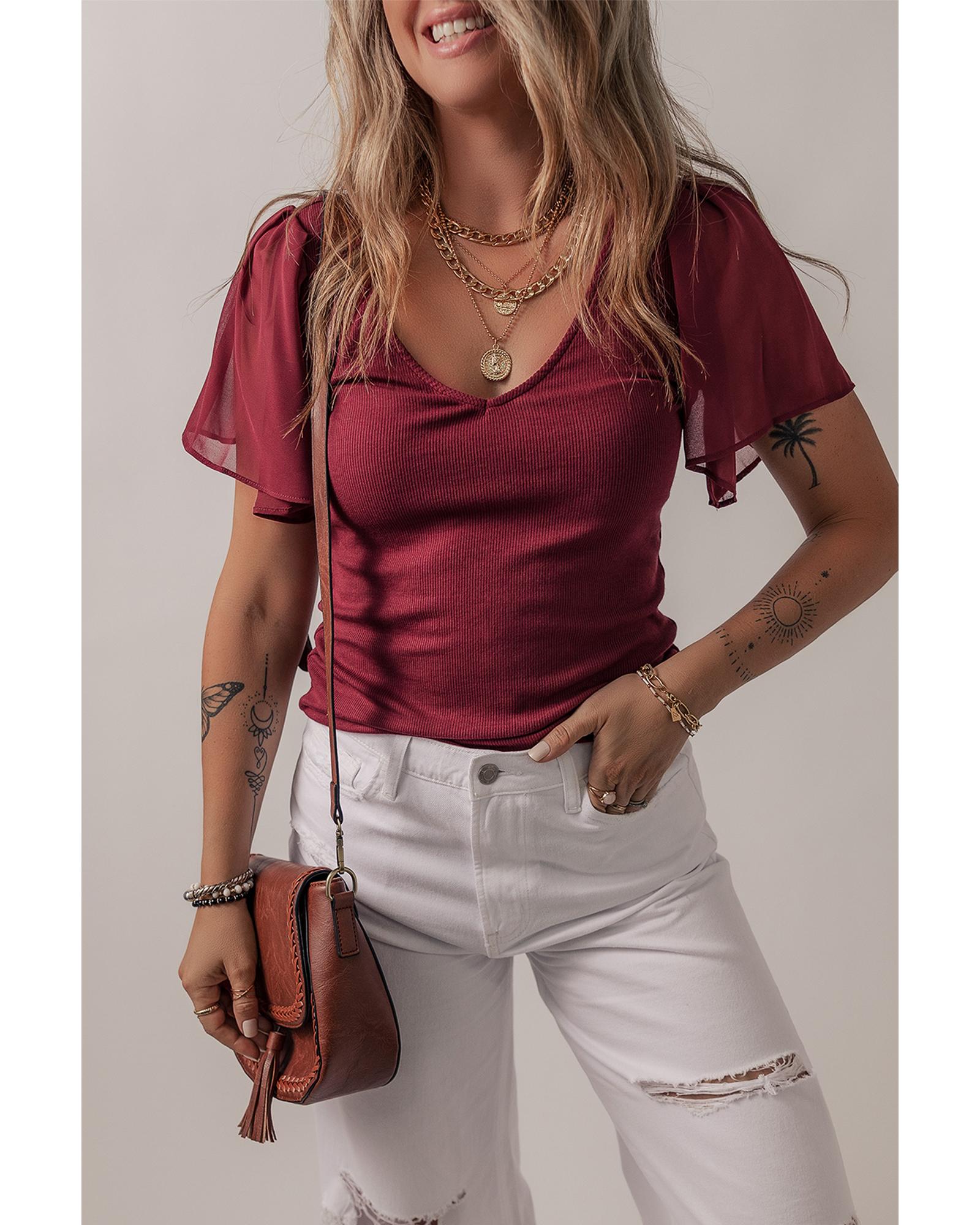 V539-AZEXDC25130457-P403-S-202506121421-00 Red Dahlia Mesh Ruffled Sleeve Slim Fit V Neck Top - S - Image 1