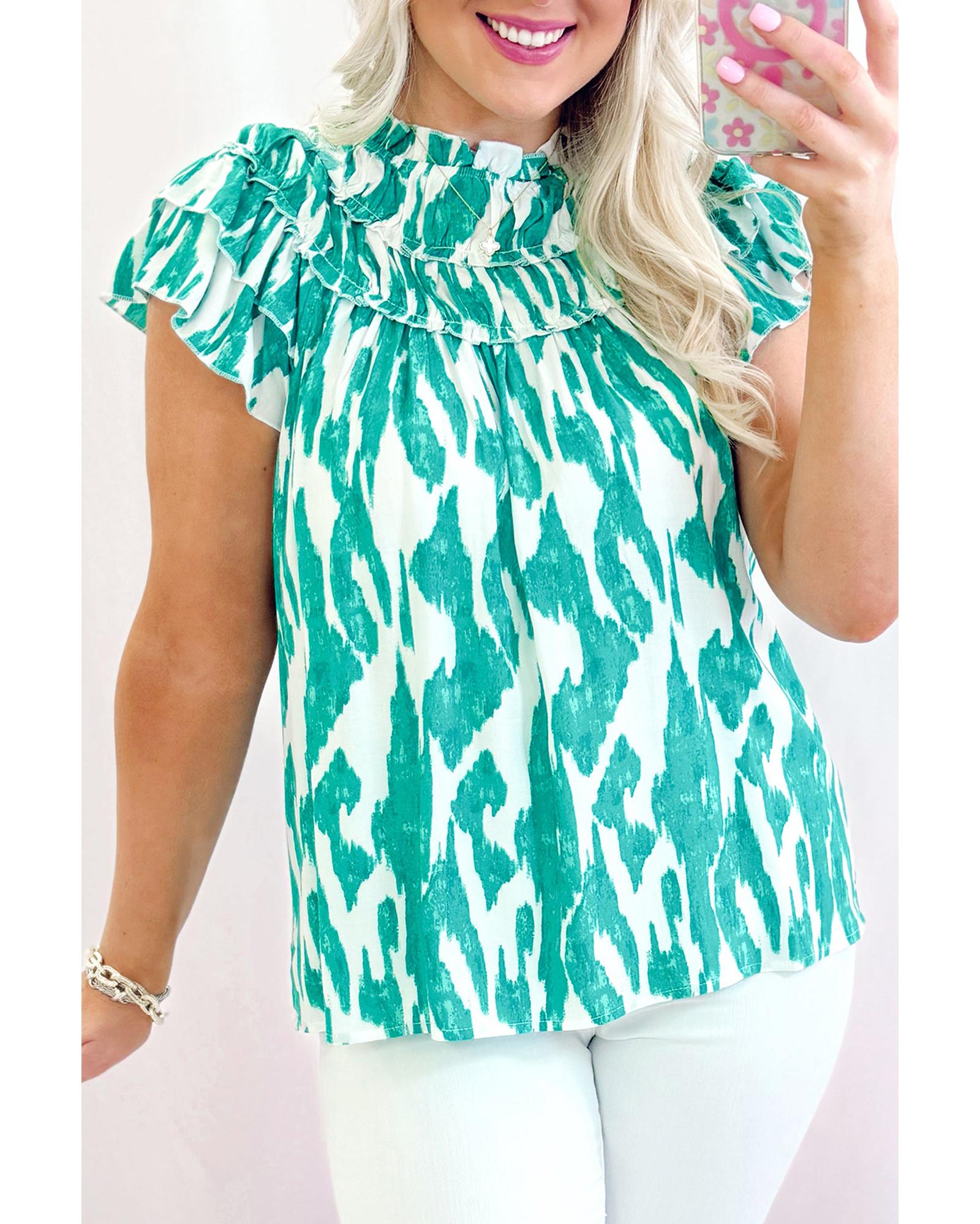 V539-AZEXDC25130614-P420-S-202506120911-00 Sky Blue Abstract Print Frilled Crewneck Loose Fit Blouse - S - Image 1