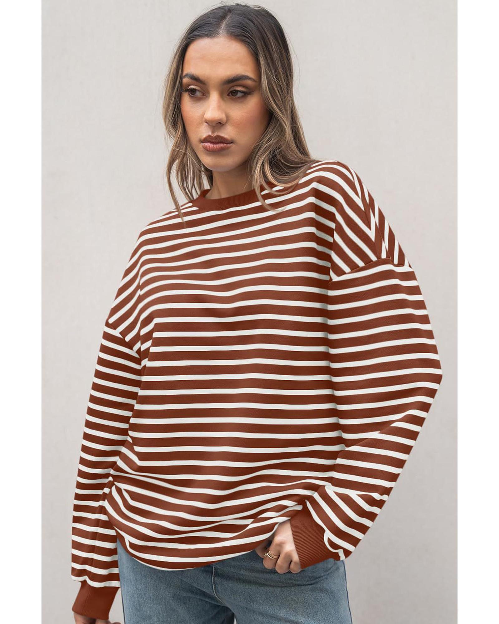 V539-AZEXDC25130684-P1017-XL-202508270505-00 Coffee Striped Long Sleeve Round Neck Loose Top - XL - Image 1