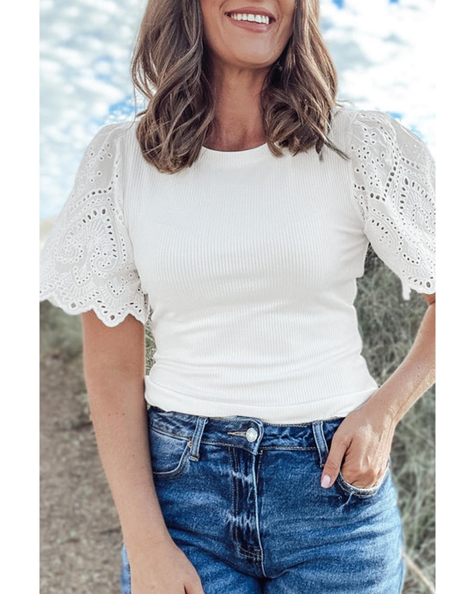 V539-AZEXDC25130686-P101-M-202508270730-00 White Eyelet Pattern Short Sleeve Patchwork Ribbed Top - M - Image 1