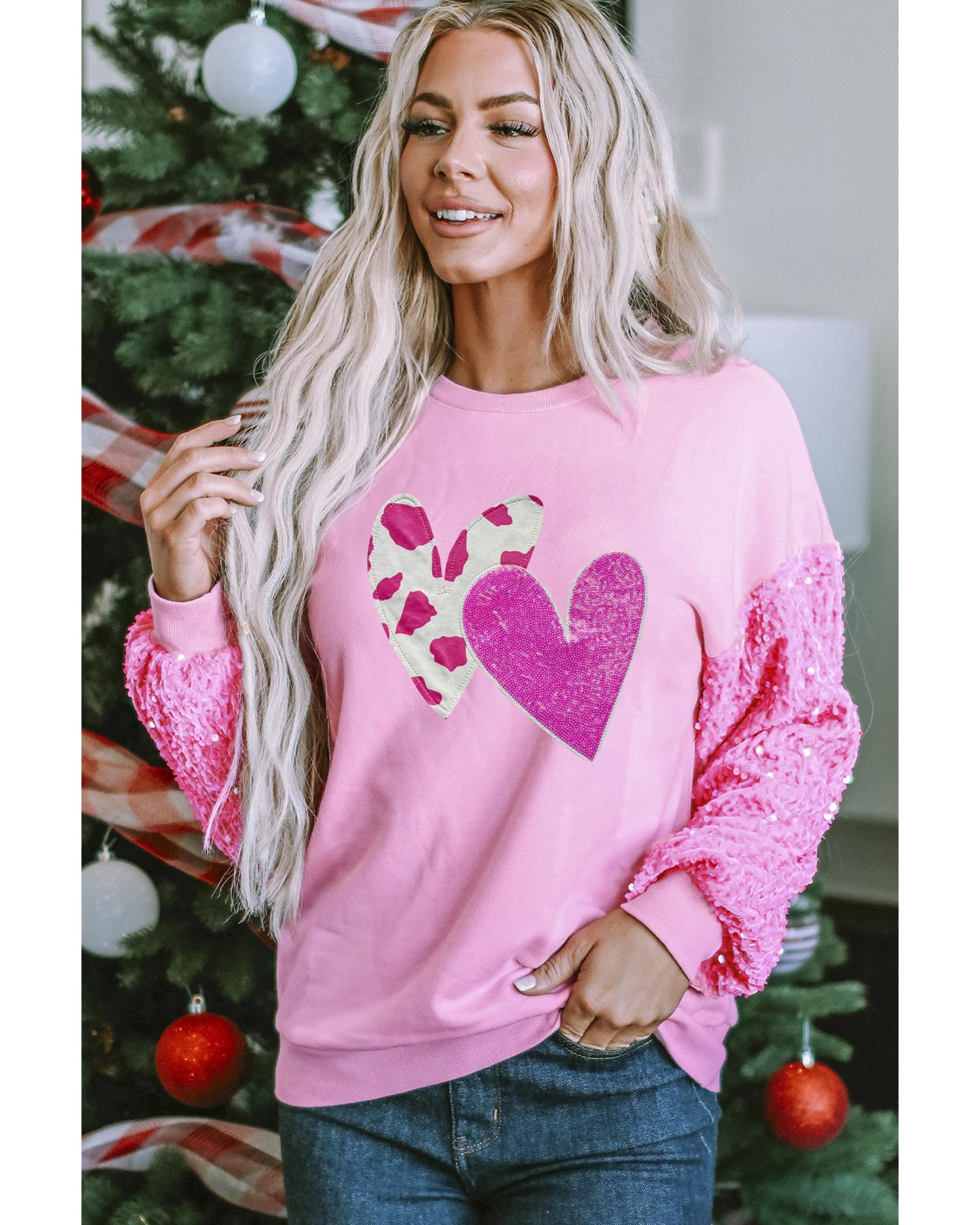 V539-AZEXDC25130737-P10-L-202508270400-00 Pink Valentines Heart Graphic Sequin Patchwork Long Sleeve Top - L - Image 1