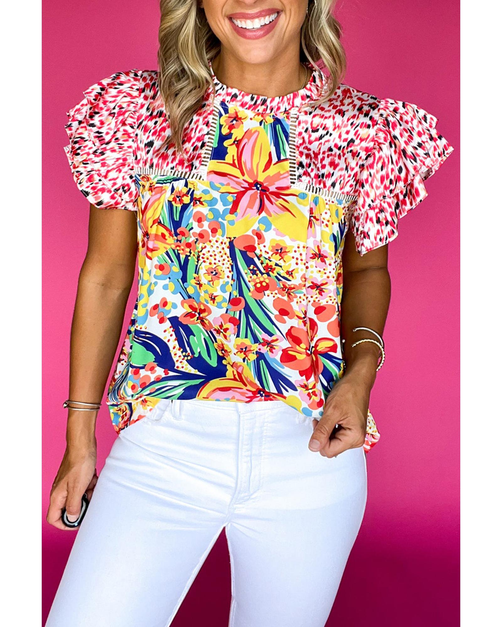 V539-AZEXDC25130747-P10320-M-202508271930-00 Red Floral Mixed Print Ruffle Cap Sleeve Blouse - M - Image 1