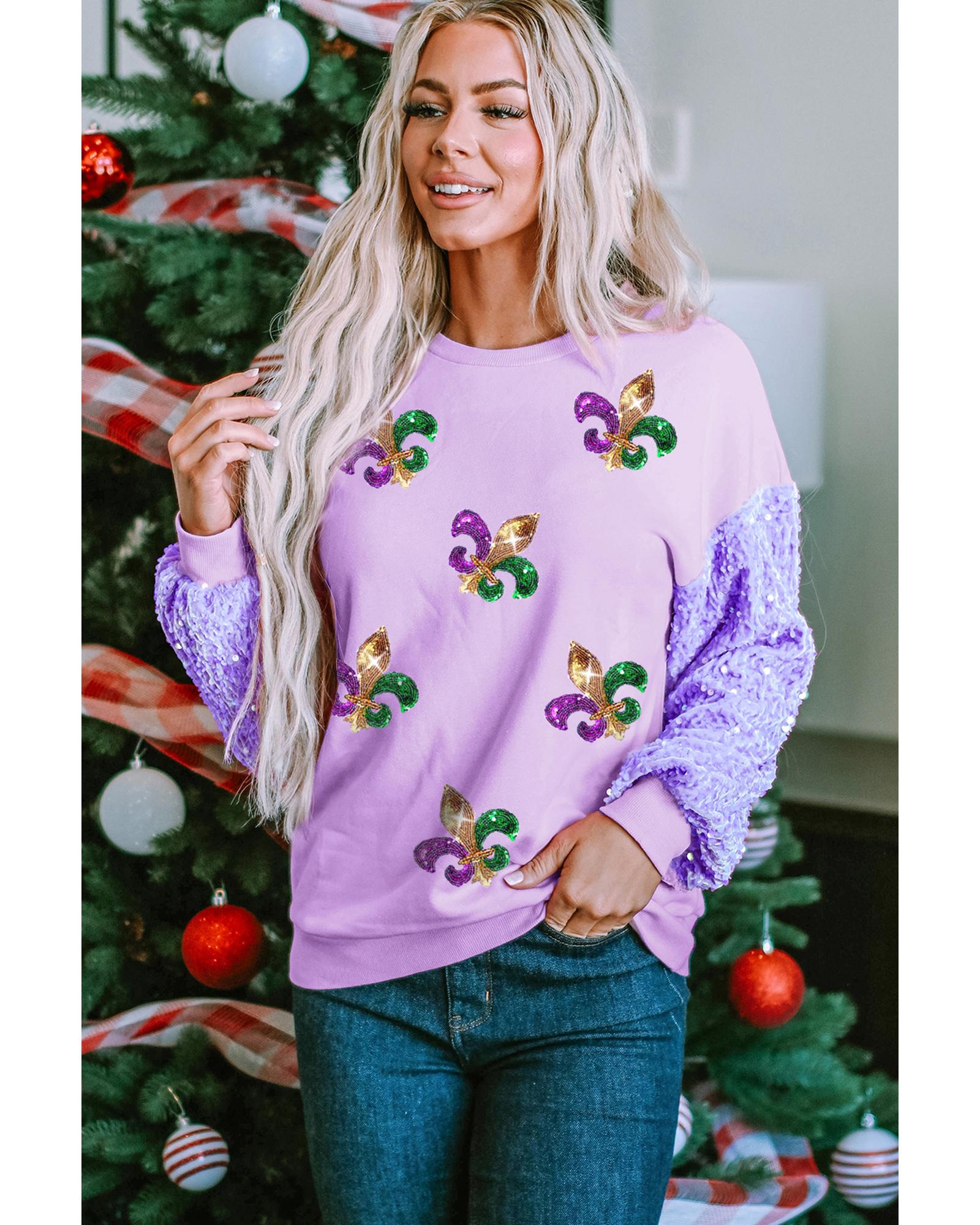 V539-AZEXDC25130748-P708-L-202508272040-00 Orchid Petal Sequin Patchwork Long Sleeve Fleur de Lis Patched Pattern Top - L - Image 1