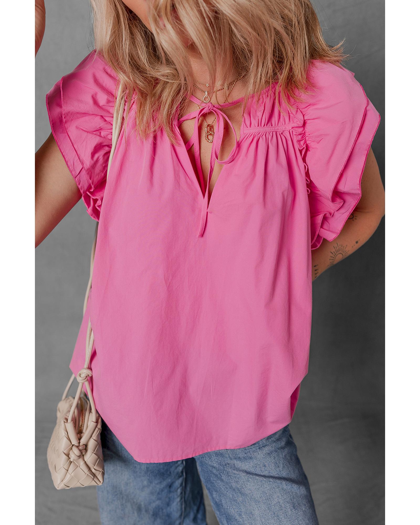 V539-AZEXDC25130751-P406-S-202506121037-00 Sachet Pink Shirred Yoke Lace up V Neck Ruffled Sleeve Blouse - S - Image 1
