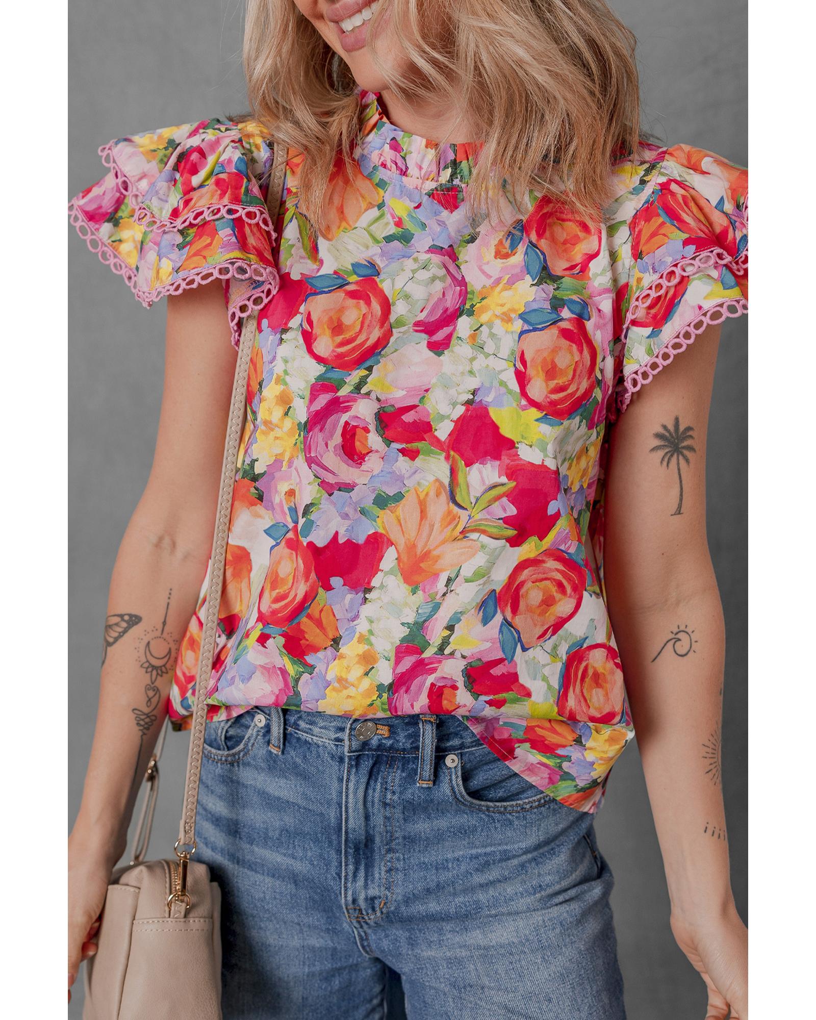 V539-AZEXDC25130753-P22-M-202508271200-00 Multicolour Lace Trim Ruffle Short Sleeve Floral Blouse - M - Image 1