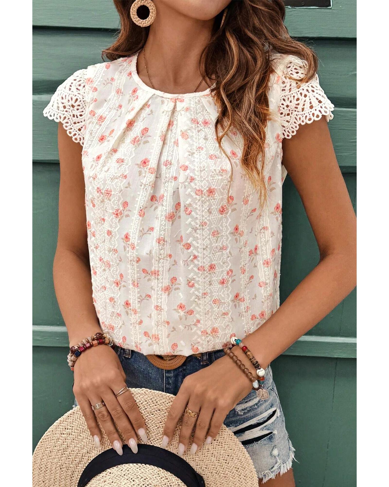 V539-AZEXDC25130771-P1020-M-202508270400-00 Pink Floral Print Embroidery Detail Crochet Cap Sleeve Blouse - M - Image 1