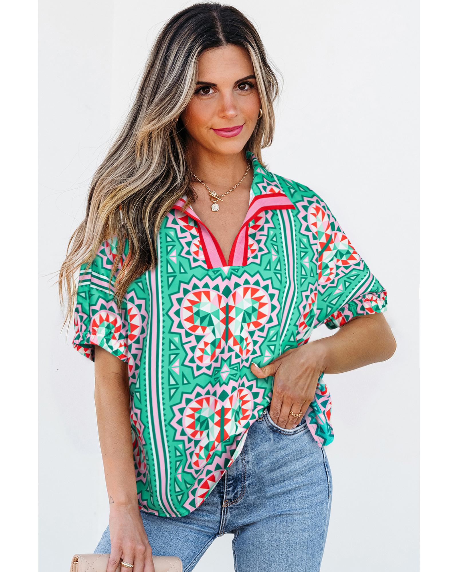 V539-AZEXDC25130774-P409-M-202508270715-00 Sea Green Boho Abstract Print Contrast Striped Collared V Neck Blouse - M - Image 1