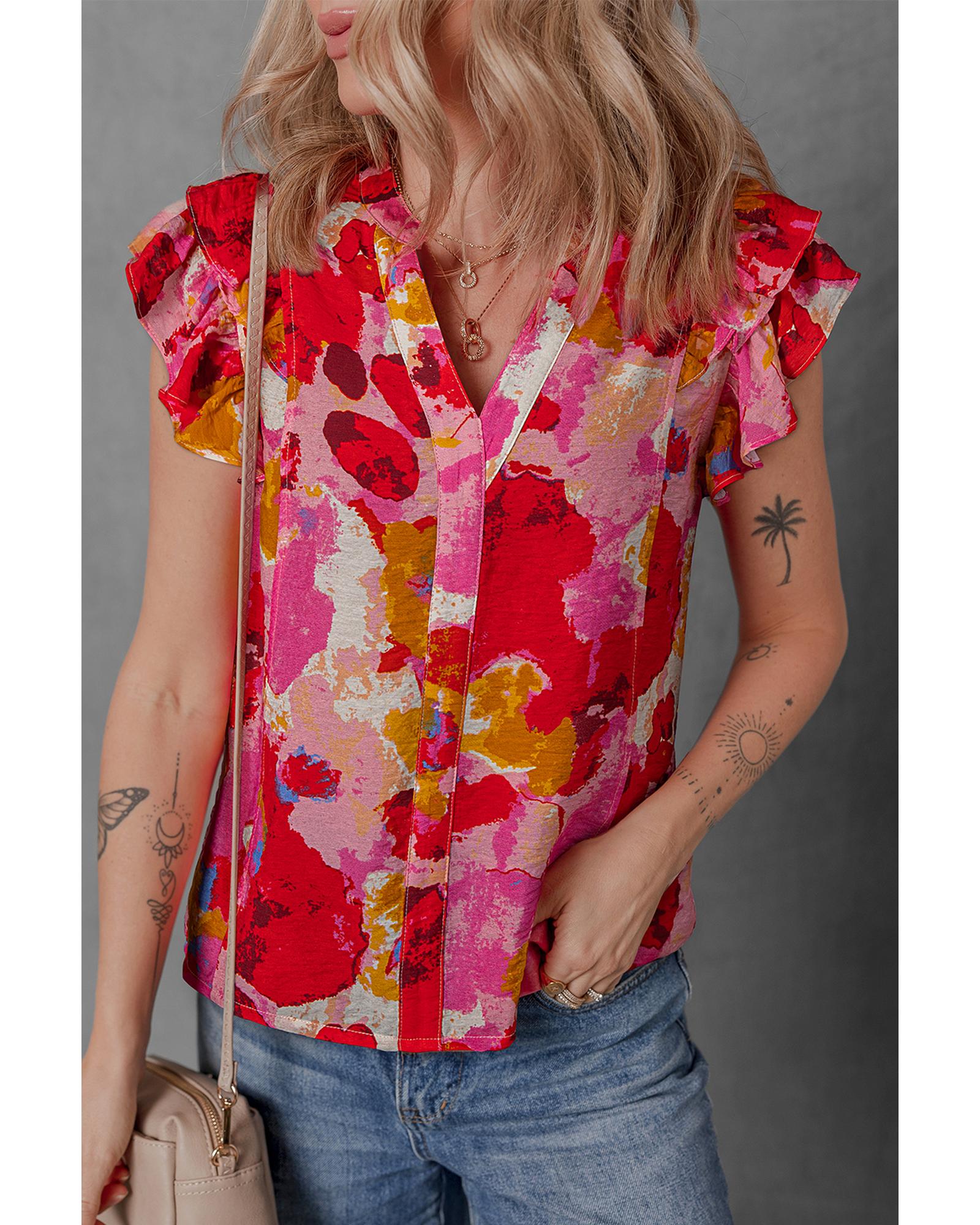 V539-AZEXDC25130786-P10320-XL-202508272045-00 Red Abstract Print Split V Neck Ruffle Short Sleeve Blouse - XL - Image 1