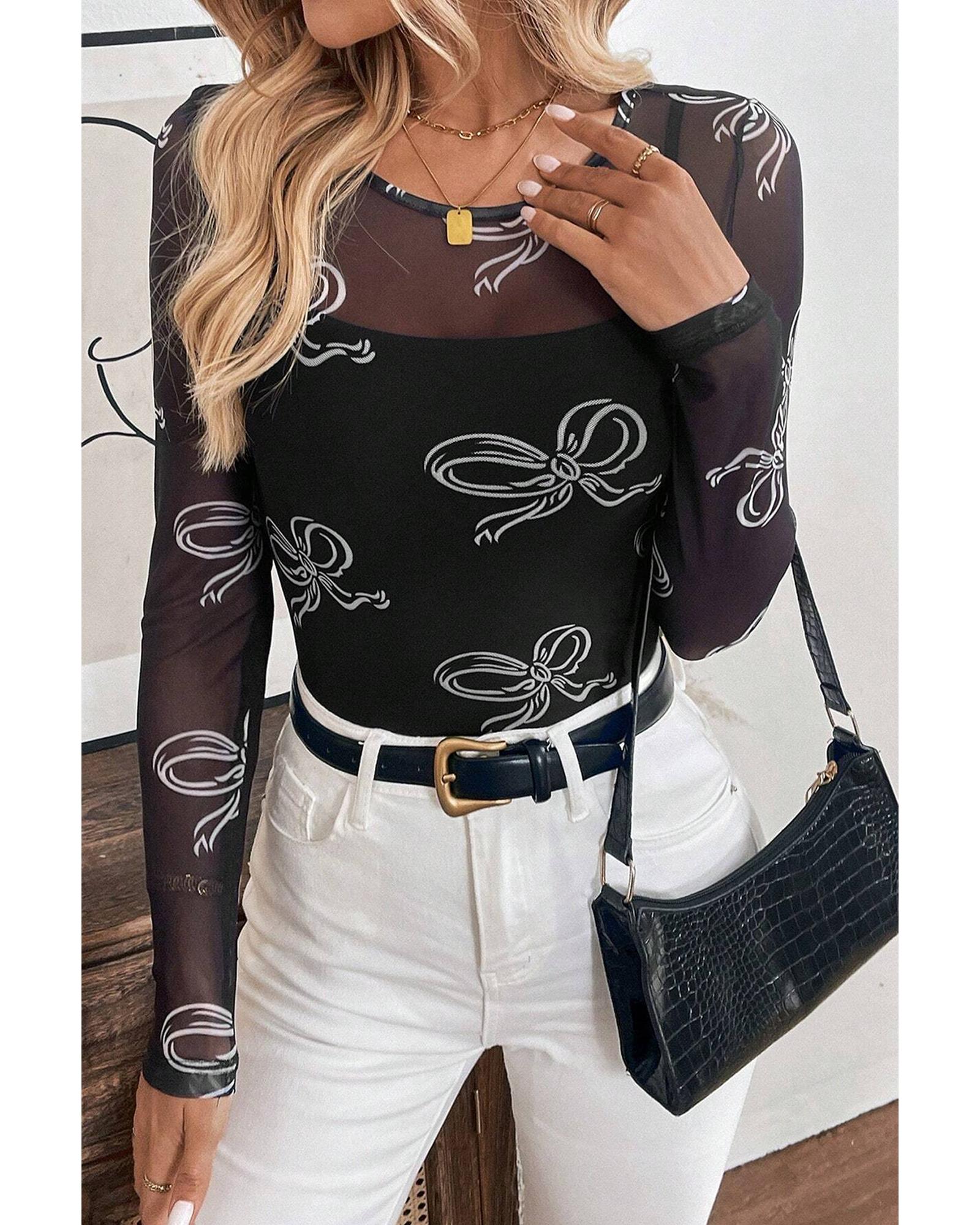 V539-AZEXDC25130855-P220-M-202508271005-00 Black Round Neck Bow Print Long Sleeve Mesh Top - M - Image 1