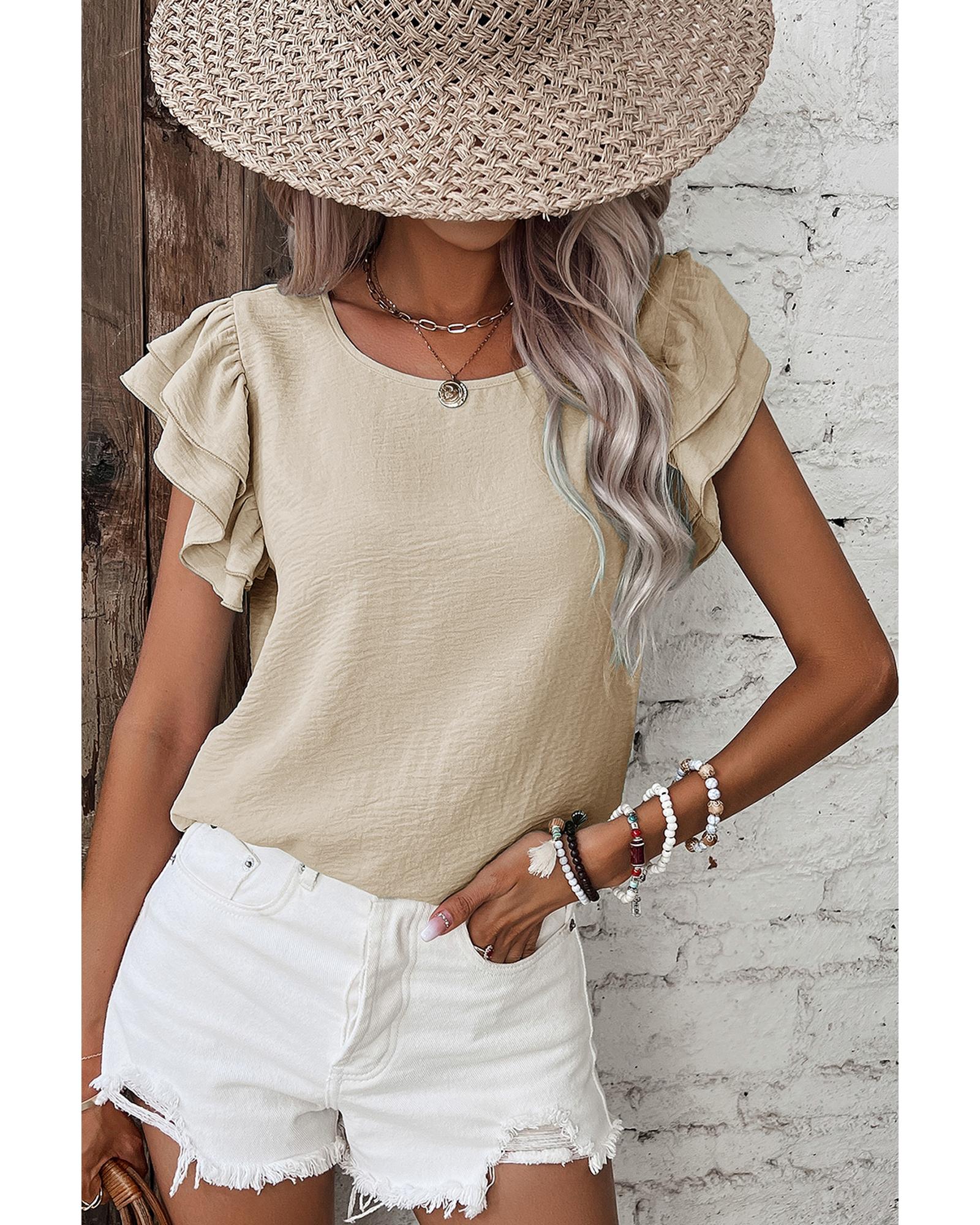 V539-AZEXDC25130897-P15-XL-202508271050-00 Beige Solid Color Ruffled Short Sleeve Casual Blouse - XL - Image 1