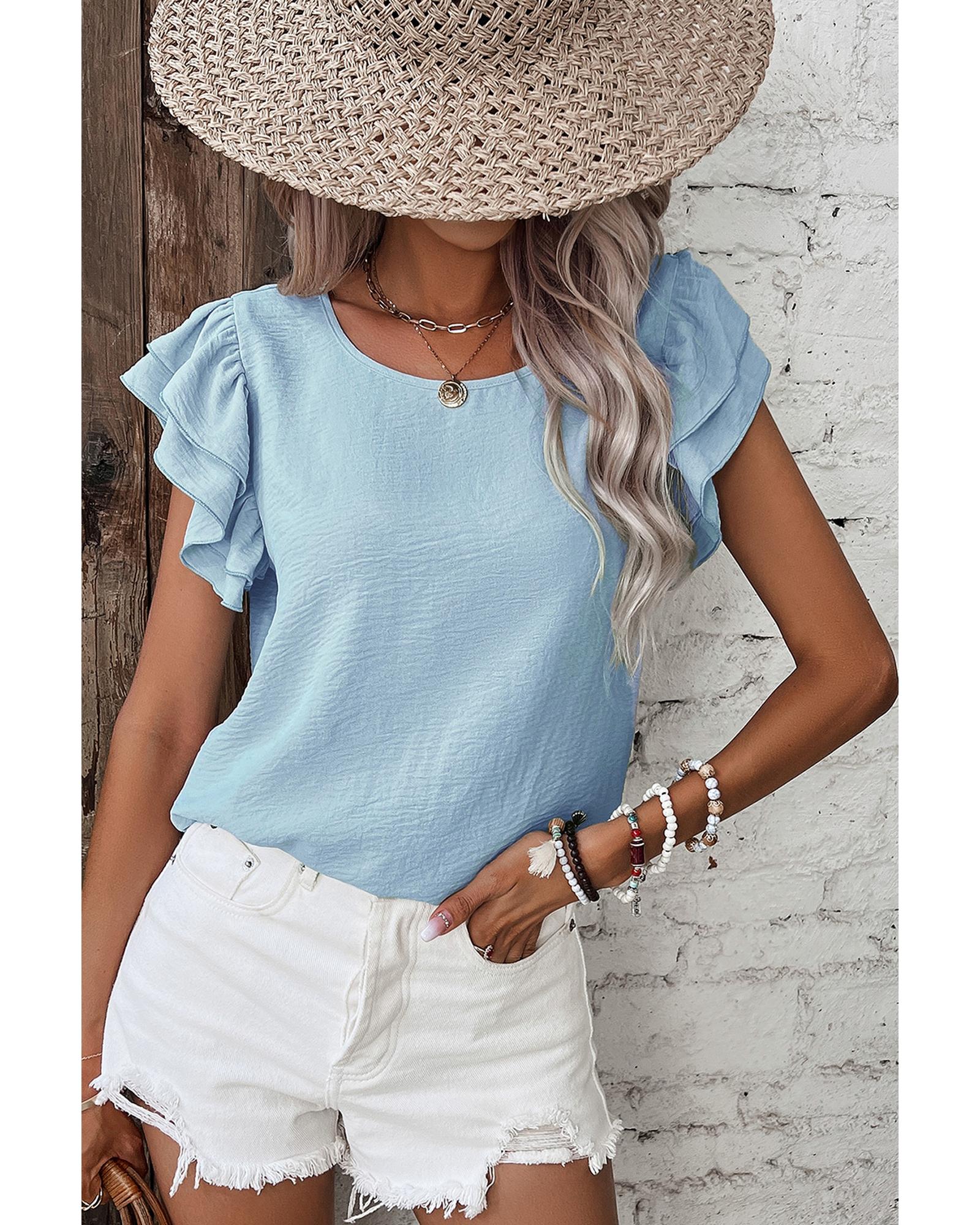 V539-AZEXDC25130897-P204-L-202508271205-00 Mist Blue Solid Color Ruffled Short Sleeve Casual Blouse - L - Image 1